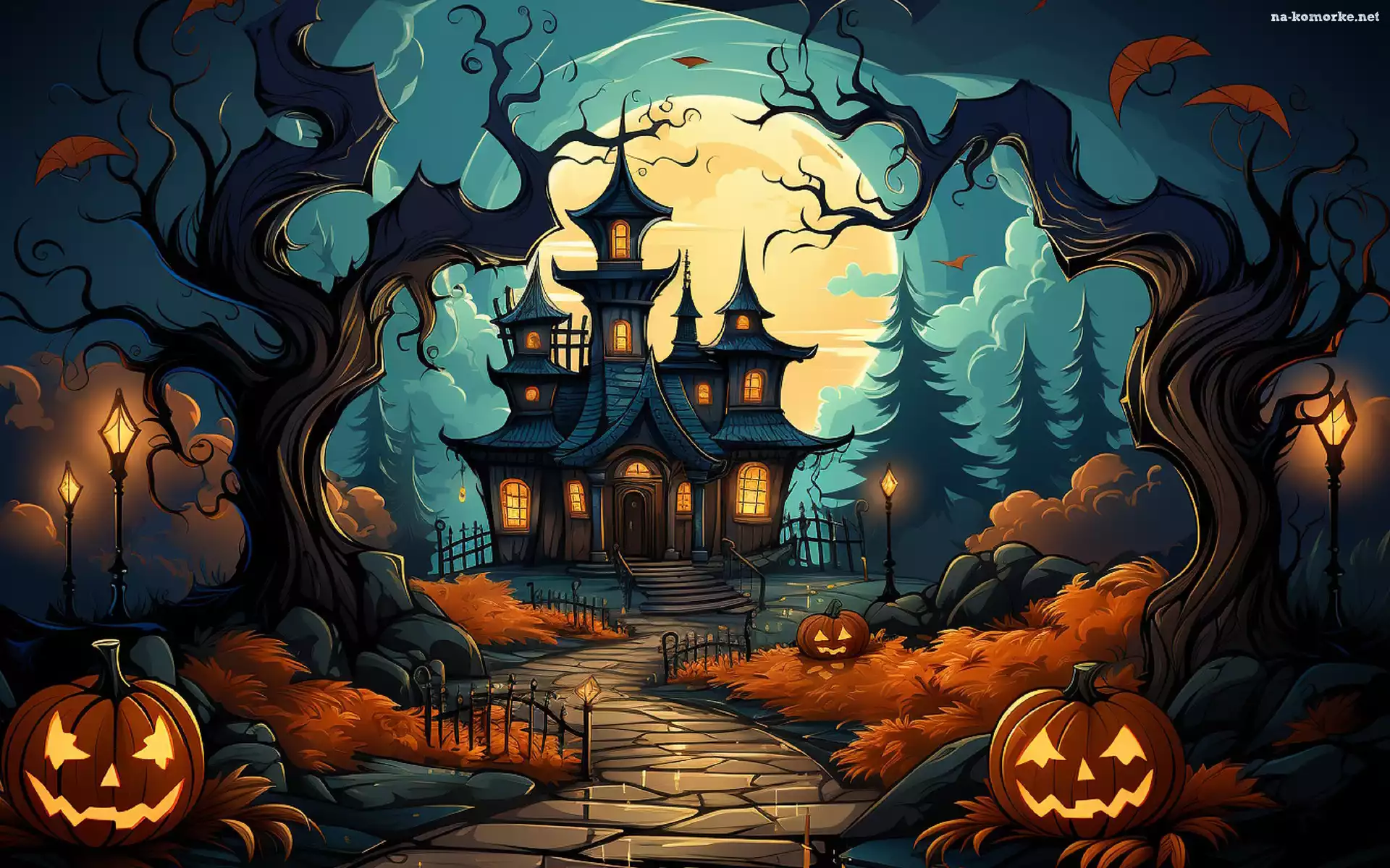 Noc, Dynie, Drzewa, Grafika, Droga, Zamek, Księżyc, Halloween
