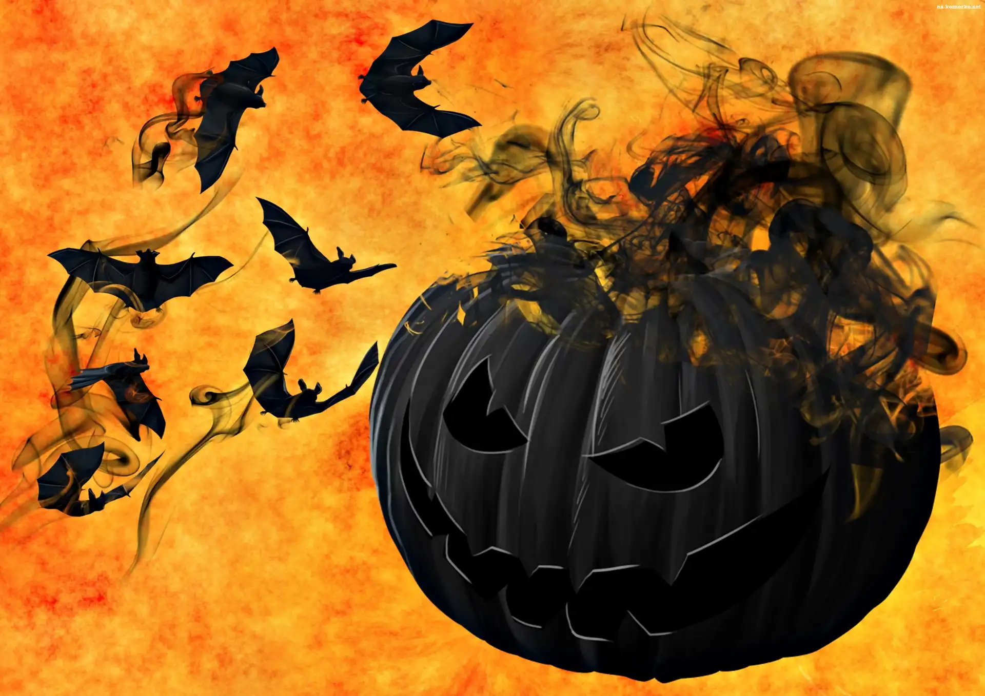 Halloween, Nietoperze, Czarna Dynia, Dym