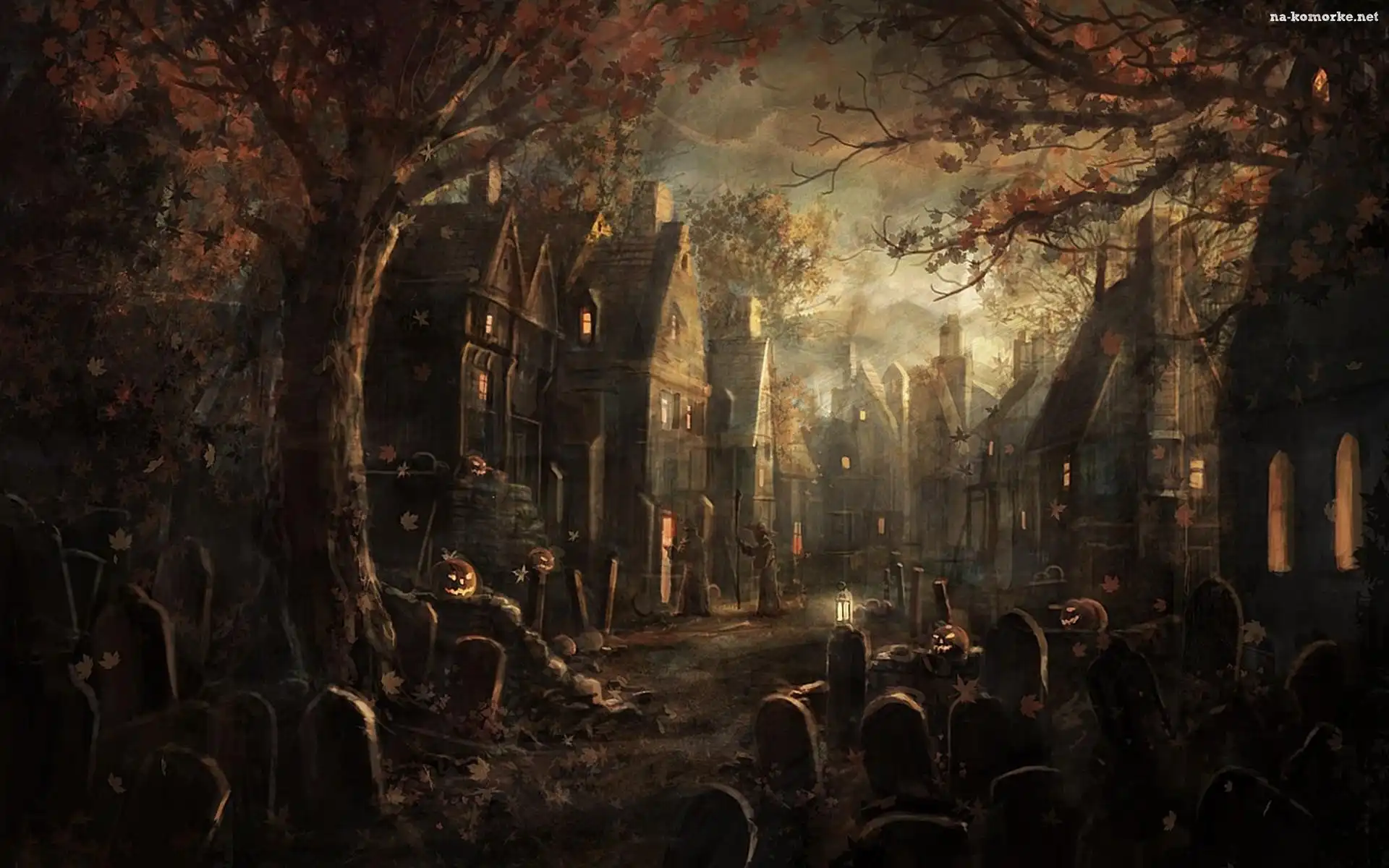 Halloween, Domy, Drzewa, Jesień, Groby