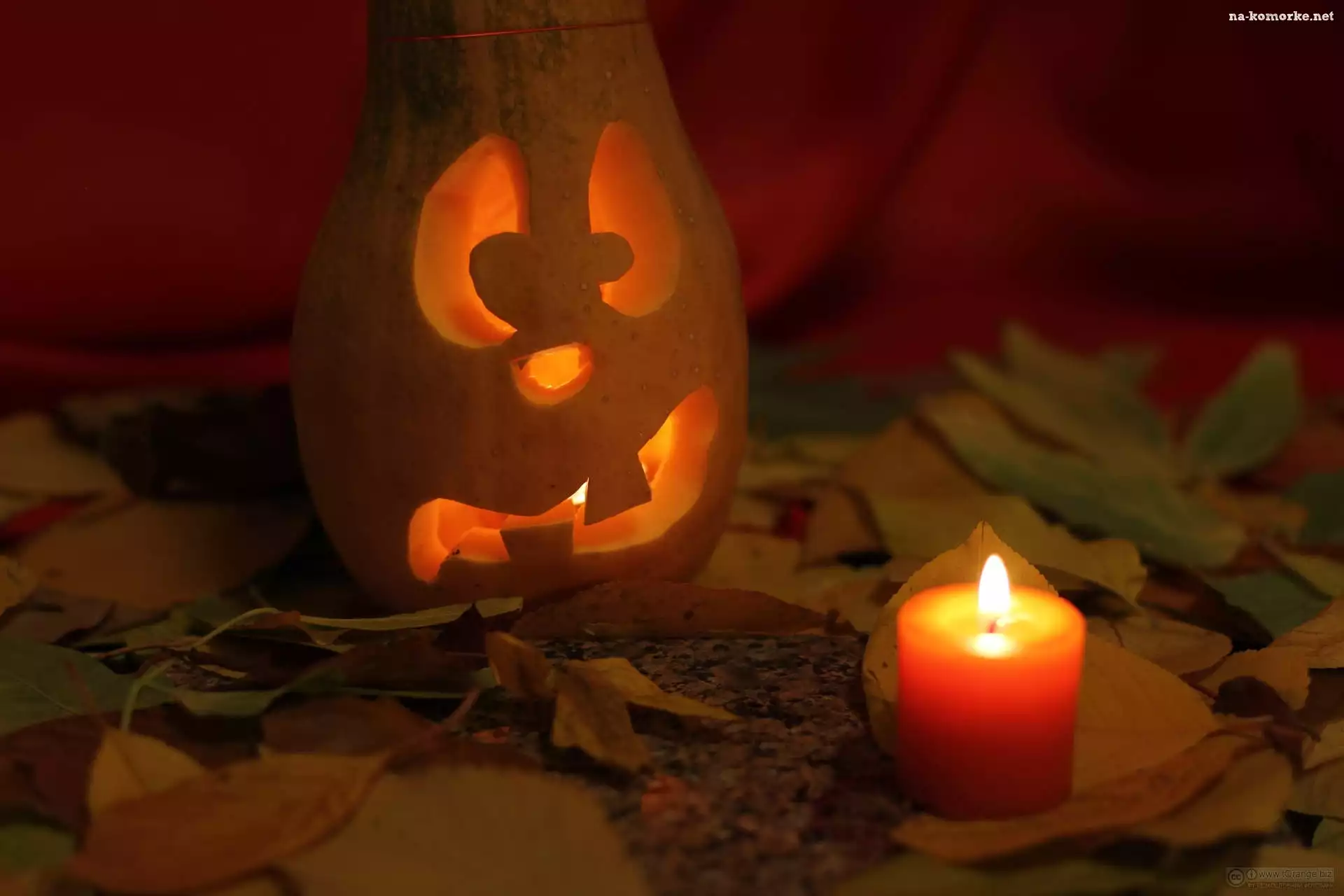 Halloween, Dynia, Świeczka, Liście, Jesień