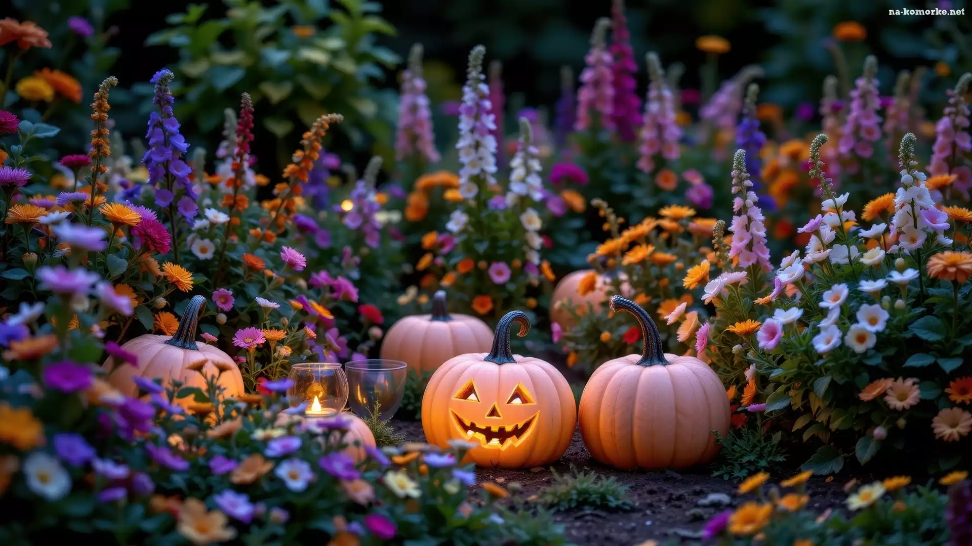 Podświetlane, Dynie, Ogród, Halloween, Kwiaty, Żółte, Kolorowe