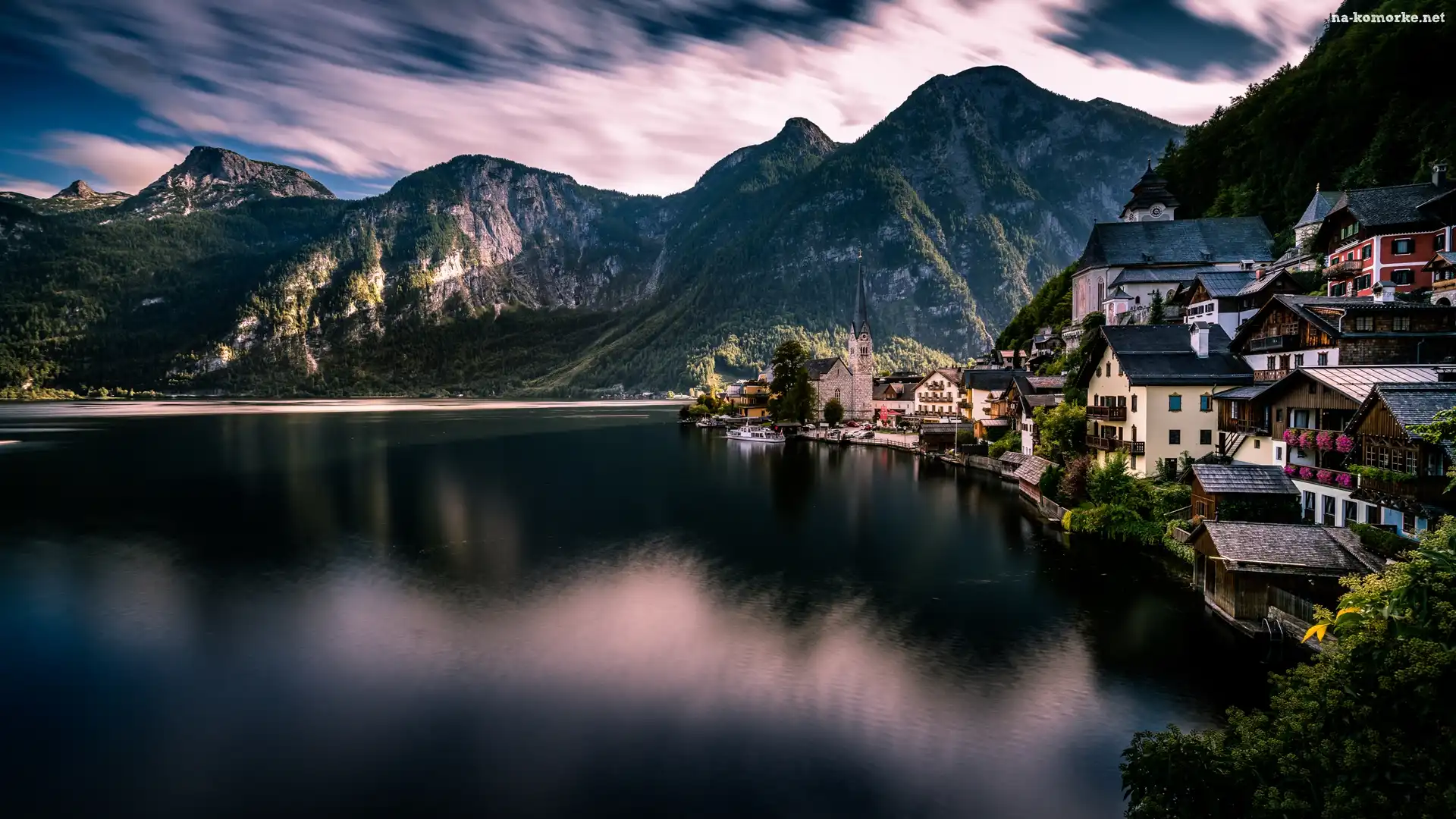 Góry, Hallstatt, Austria, Jezioro Hallstattersee, Domy, Alpy Salzburskie