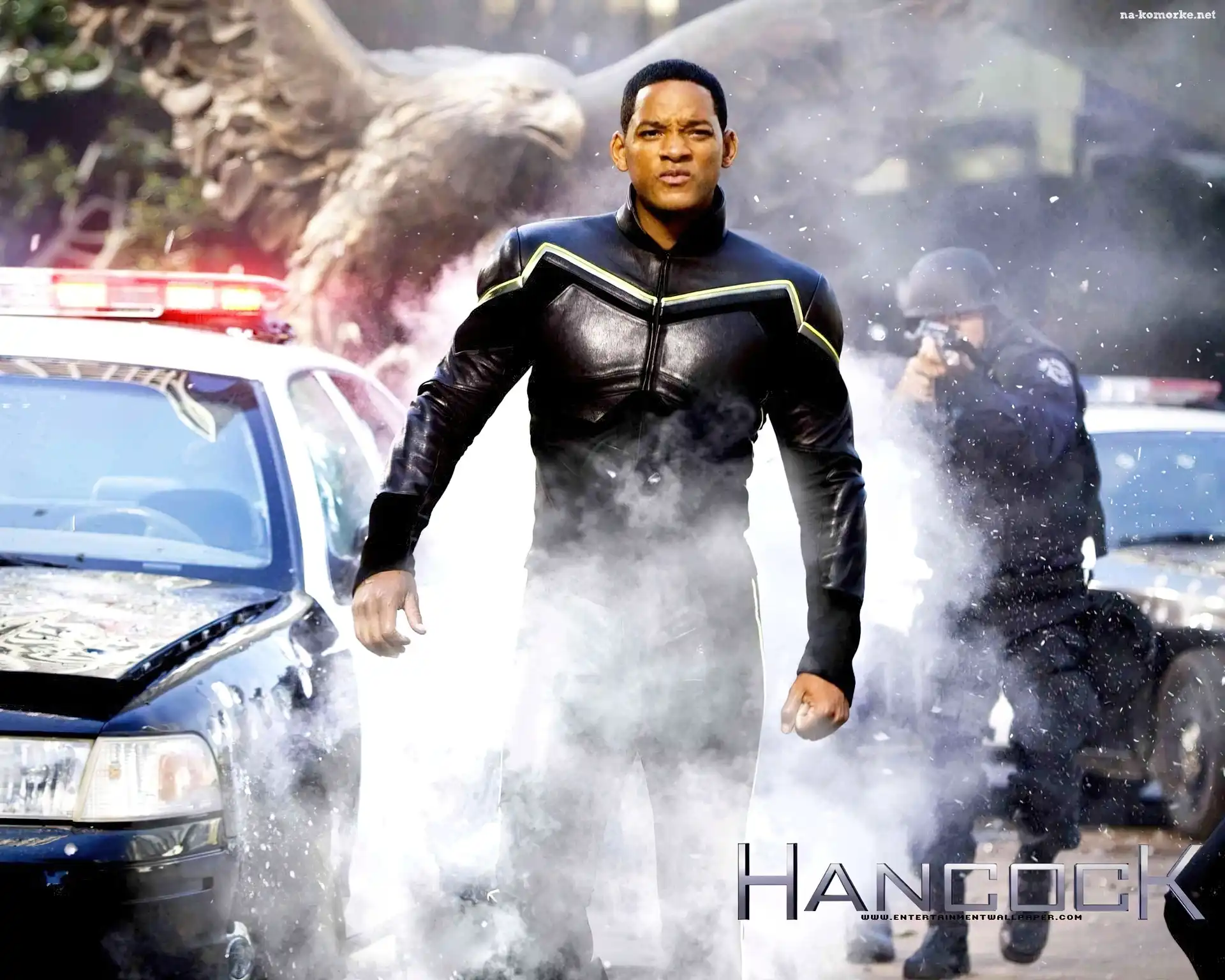 Hancock, radiowóz, Will Smith, dym