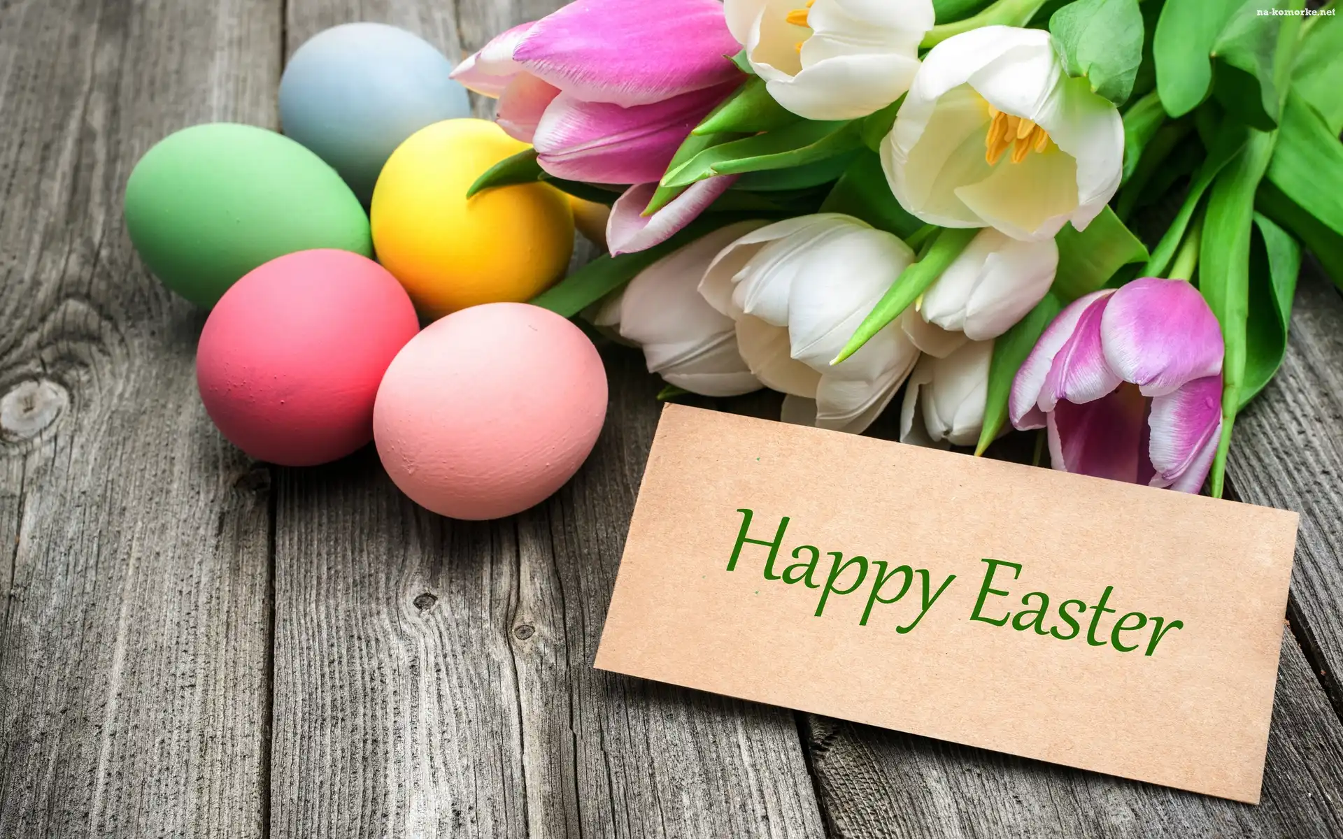 Happy Easter, Tulipany, Pisanki, Wielkanoc, Napis