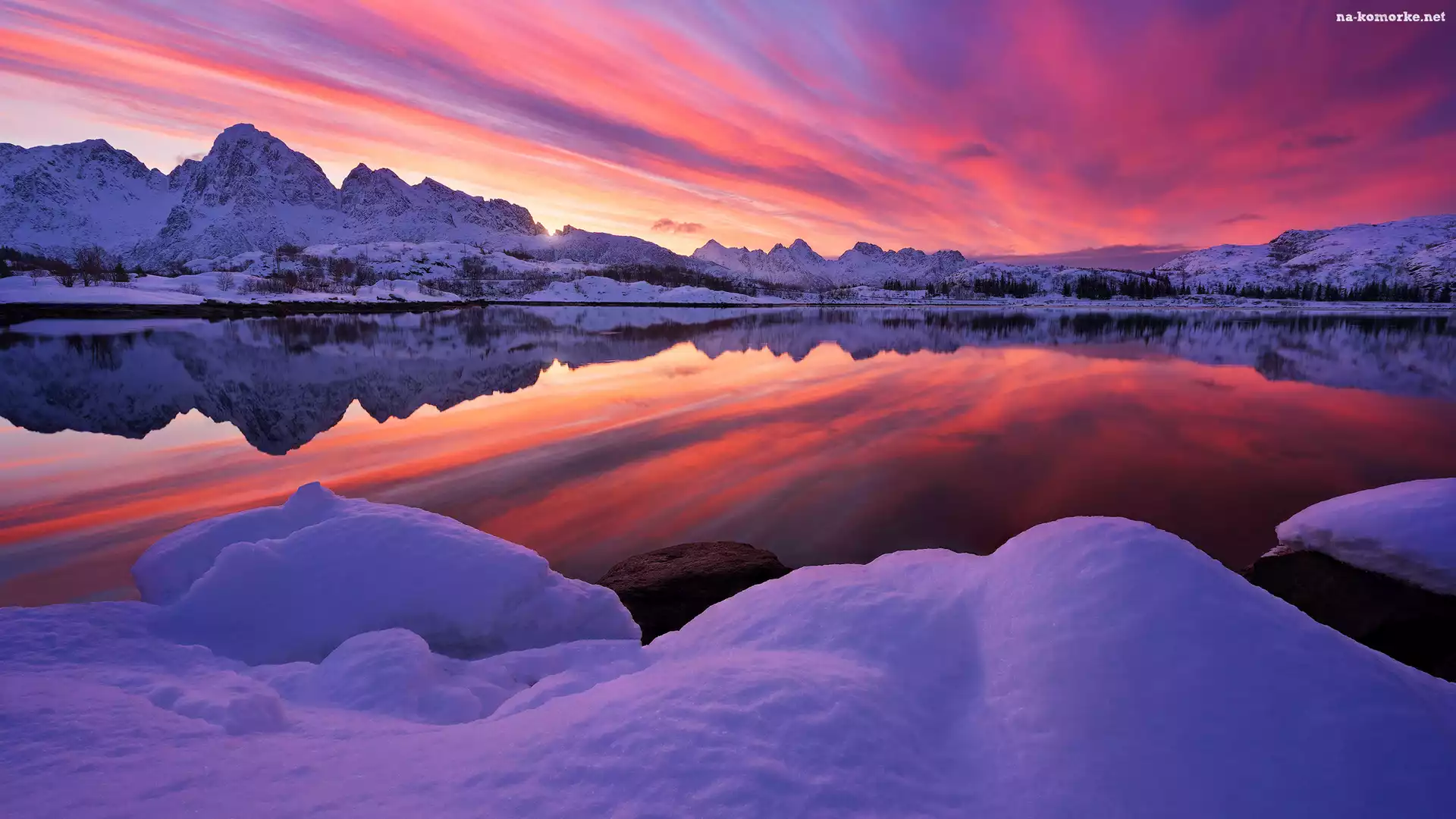 Zachód słońca, Region Troms, Jezioro, Norwegia, Góry, Zima, Lofoty, Harstad