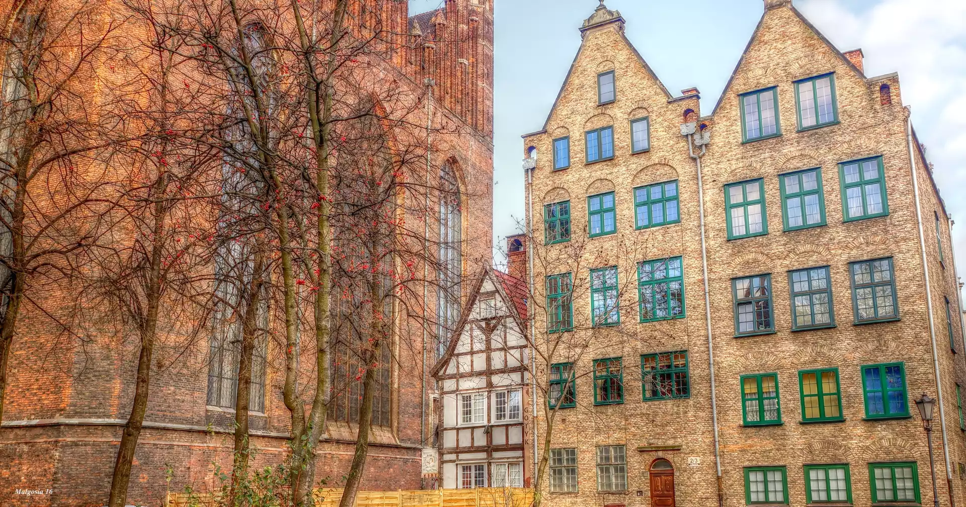 HDR, Gdańsk, Kościół, Kamieniczki, Drzewa