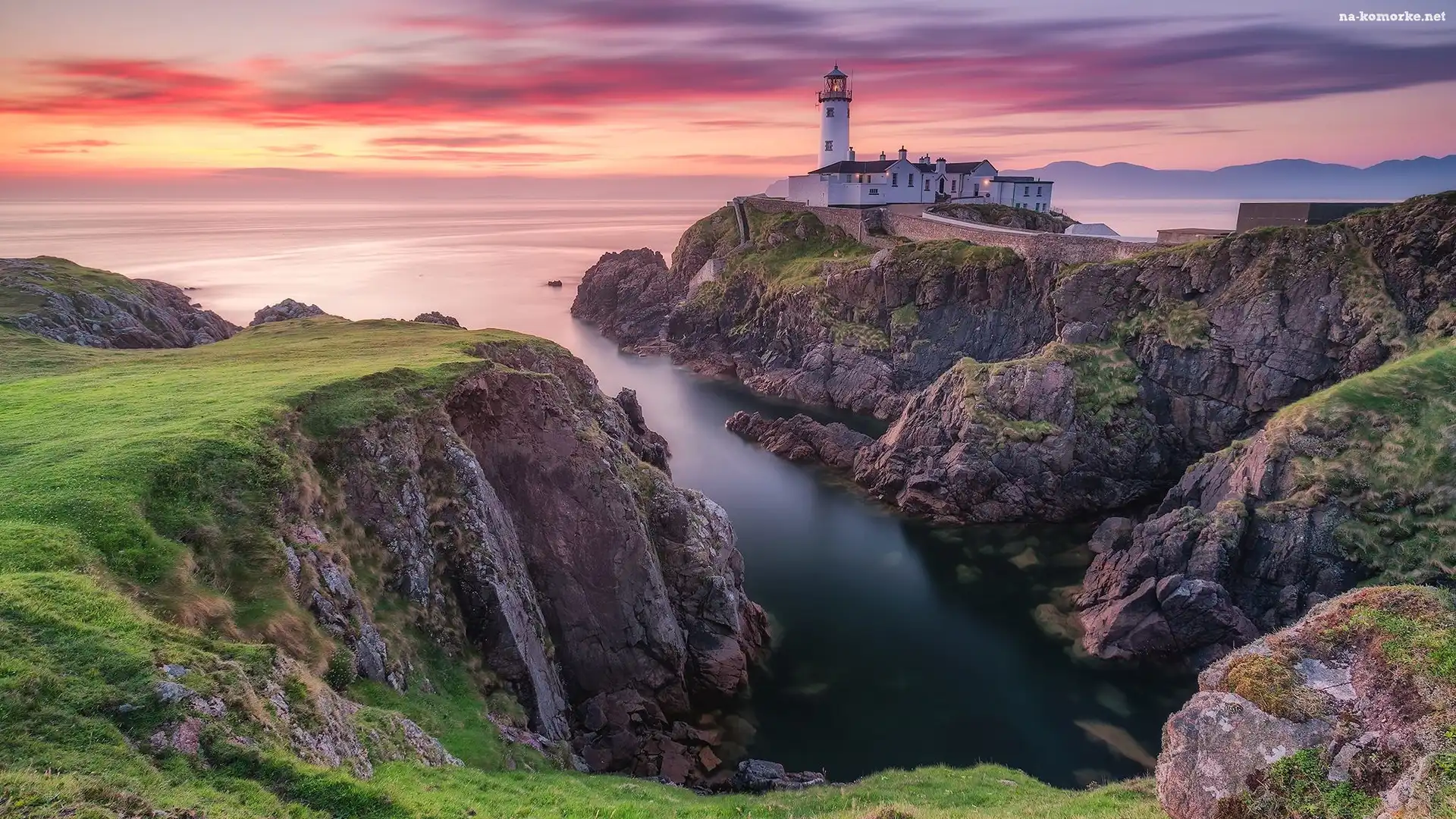 Morze, Hrabstwo Donegal, Fanad Head Lighthouse, Irlandia Północna, Latarnia morska, Skały, Zachód słońca, Portsalon