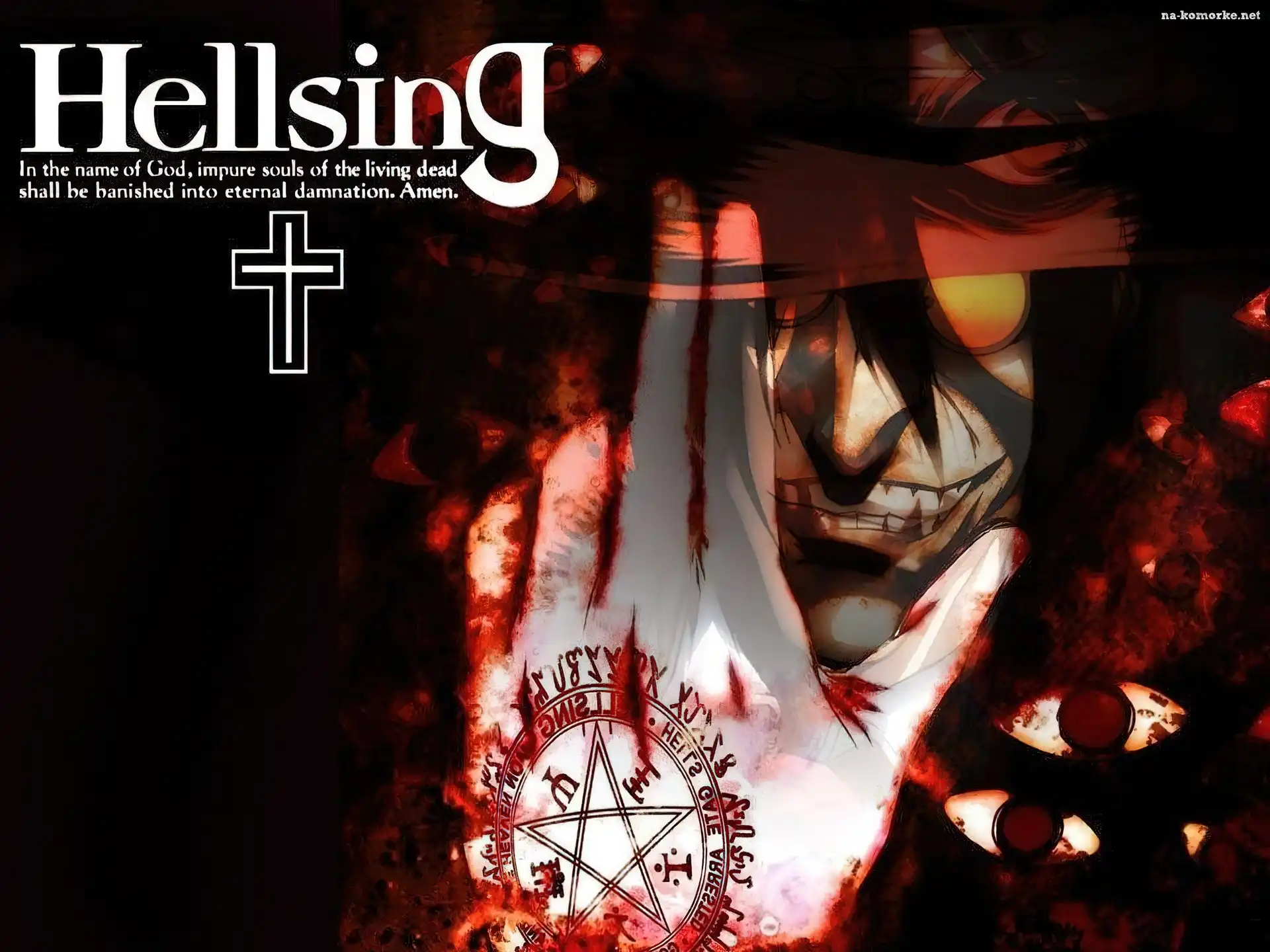 Hellsing, krzyż, oczy, ręka