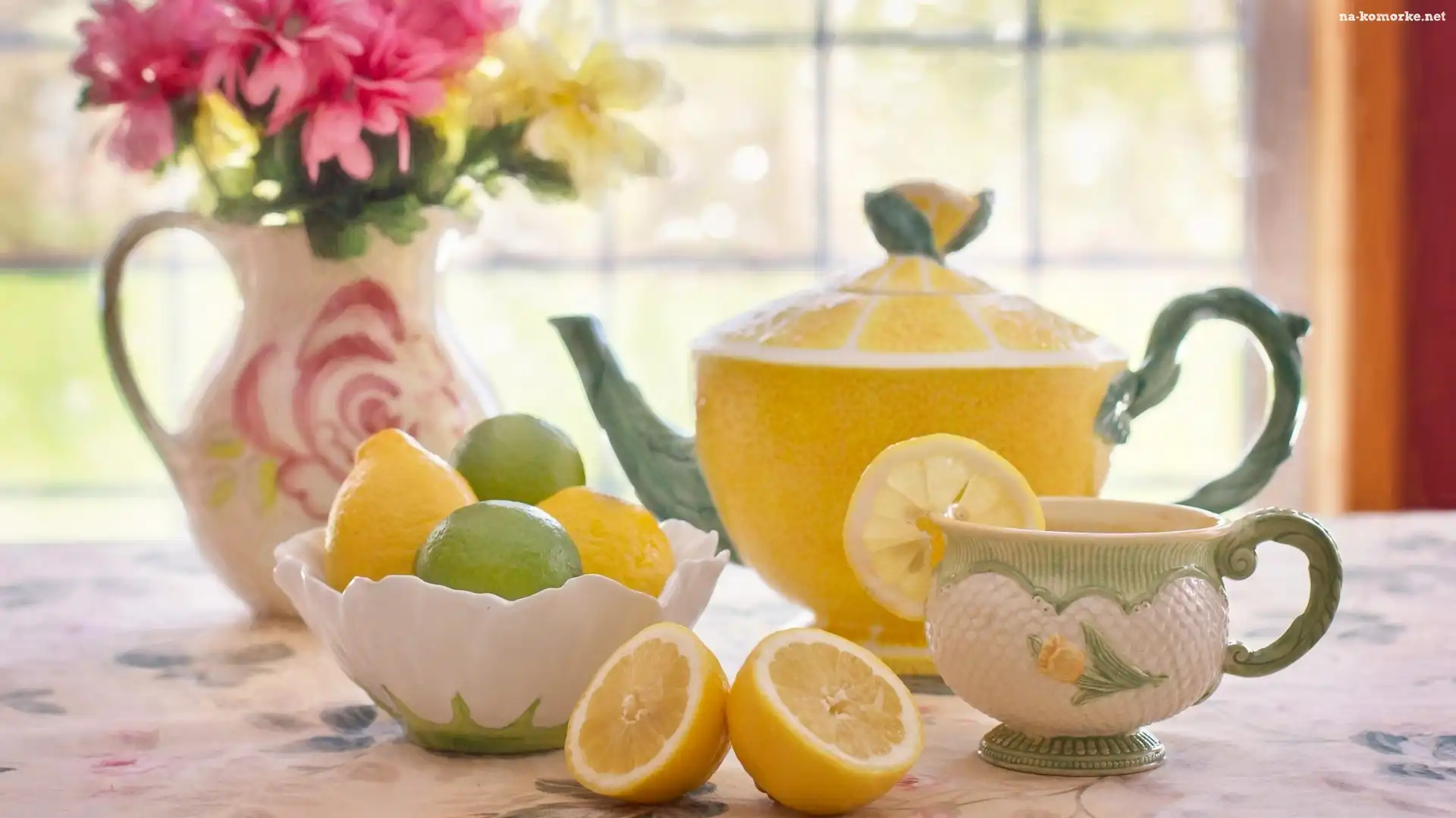 Herbata, Imbryk, Kompozycja, Cytryny, Filiżanka, Limonki