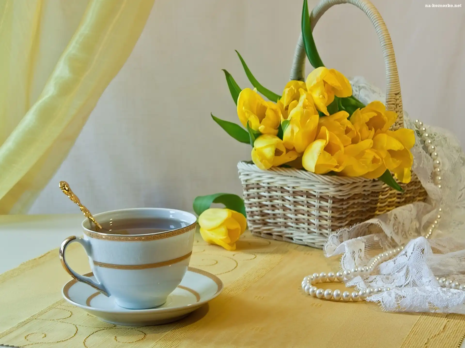 Herbaty, Kosz, Żółtych, Tulipanów, Filiżanka