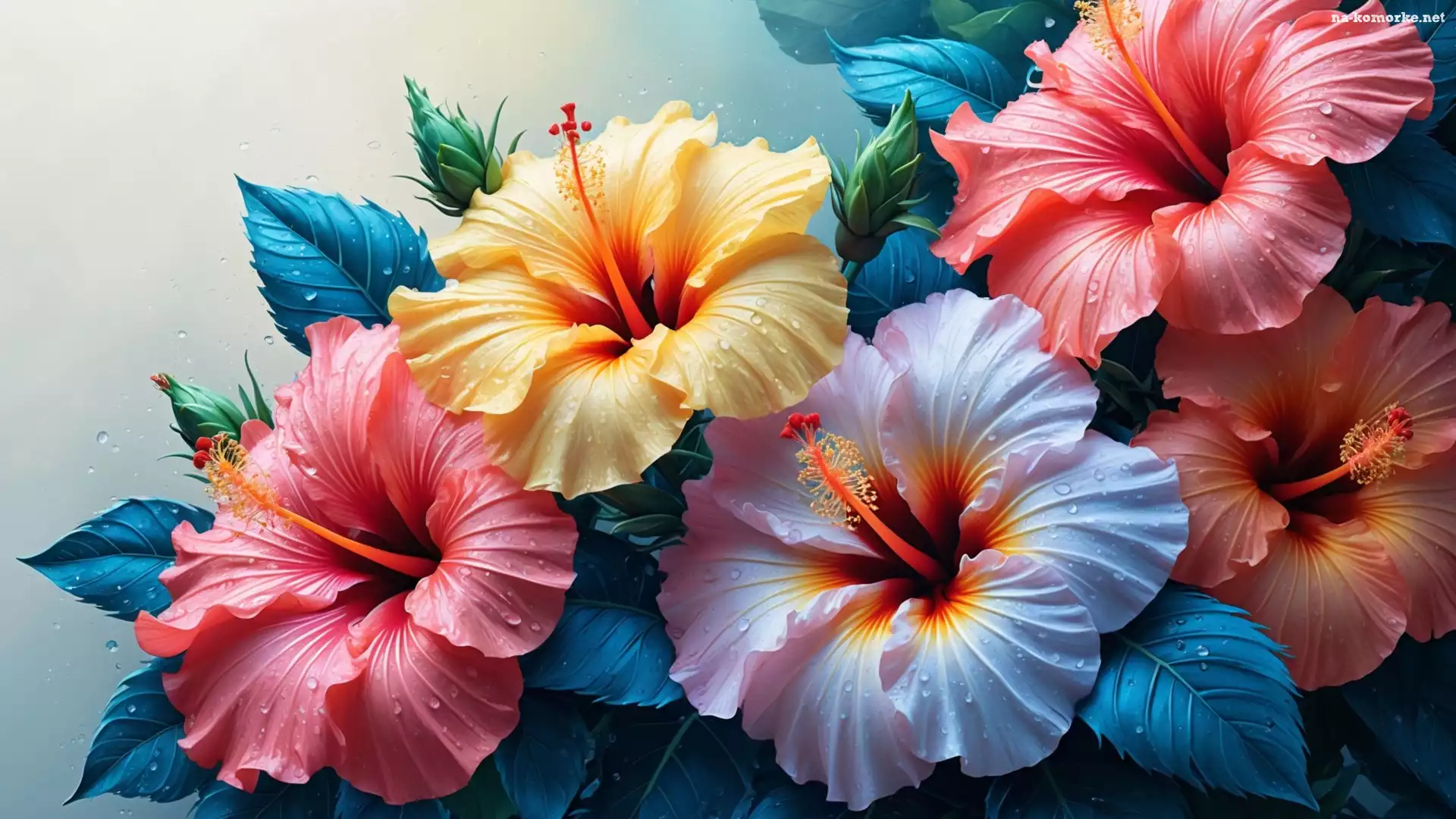 Kwiaty, Hibiskusy, Krople, Kolorowe, Zbliżenie