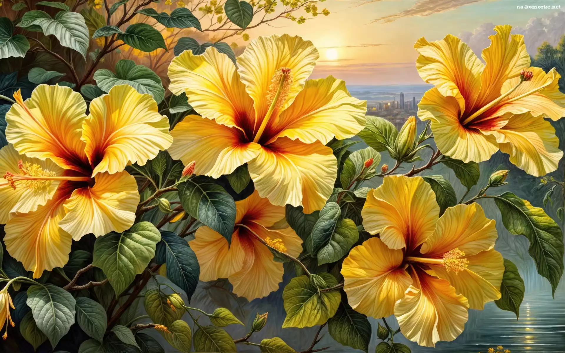 Liście, Grafika, Kwiaty, Hibiskusy