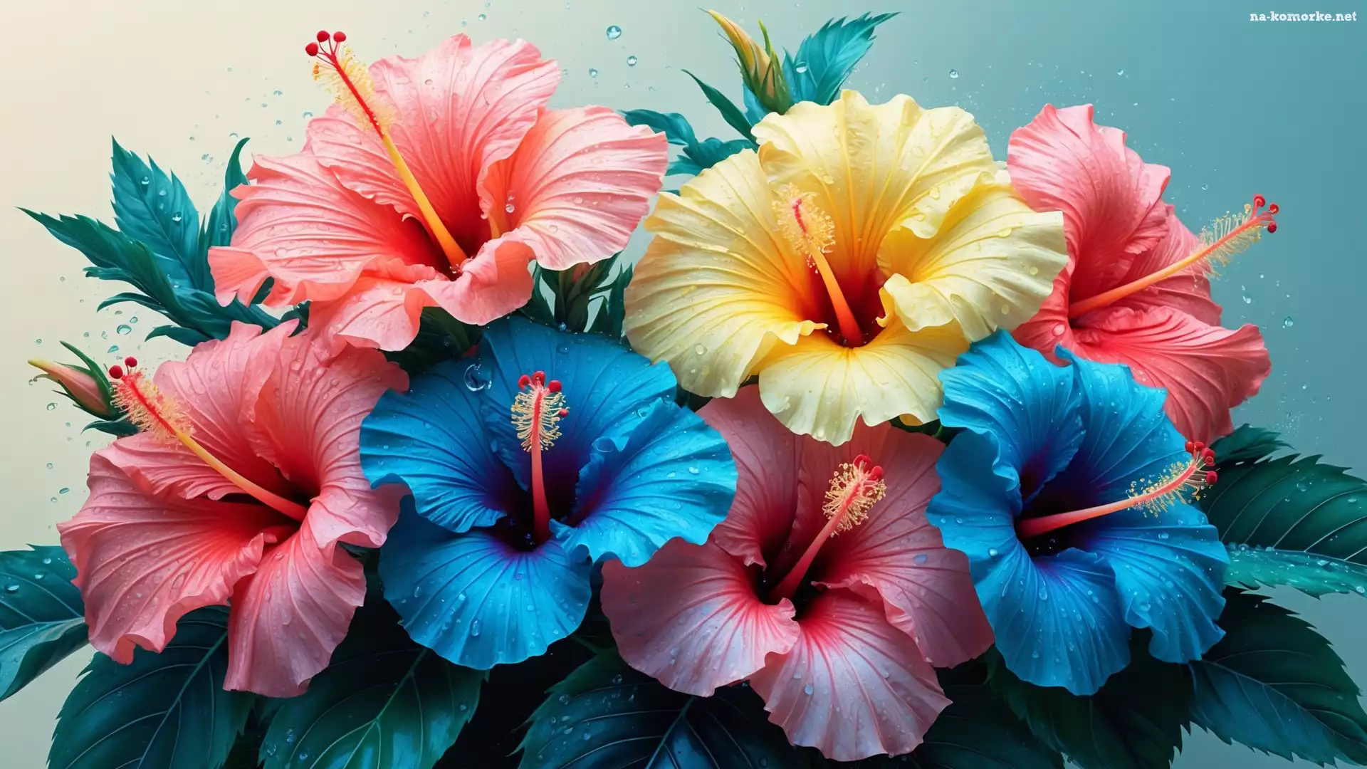 Różowe, Krople, Żółty, Kwiaty, Liście, Grafika, Niebieskie, Hibiskusy