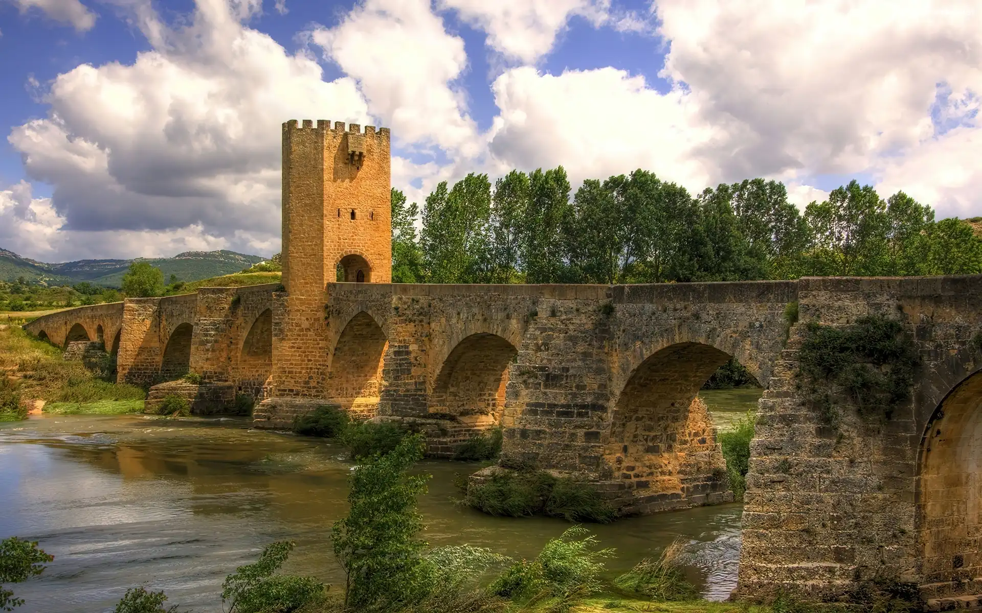 Hiszpania, Drzewa, Most, Rzeka