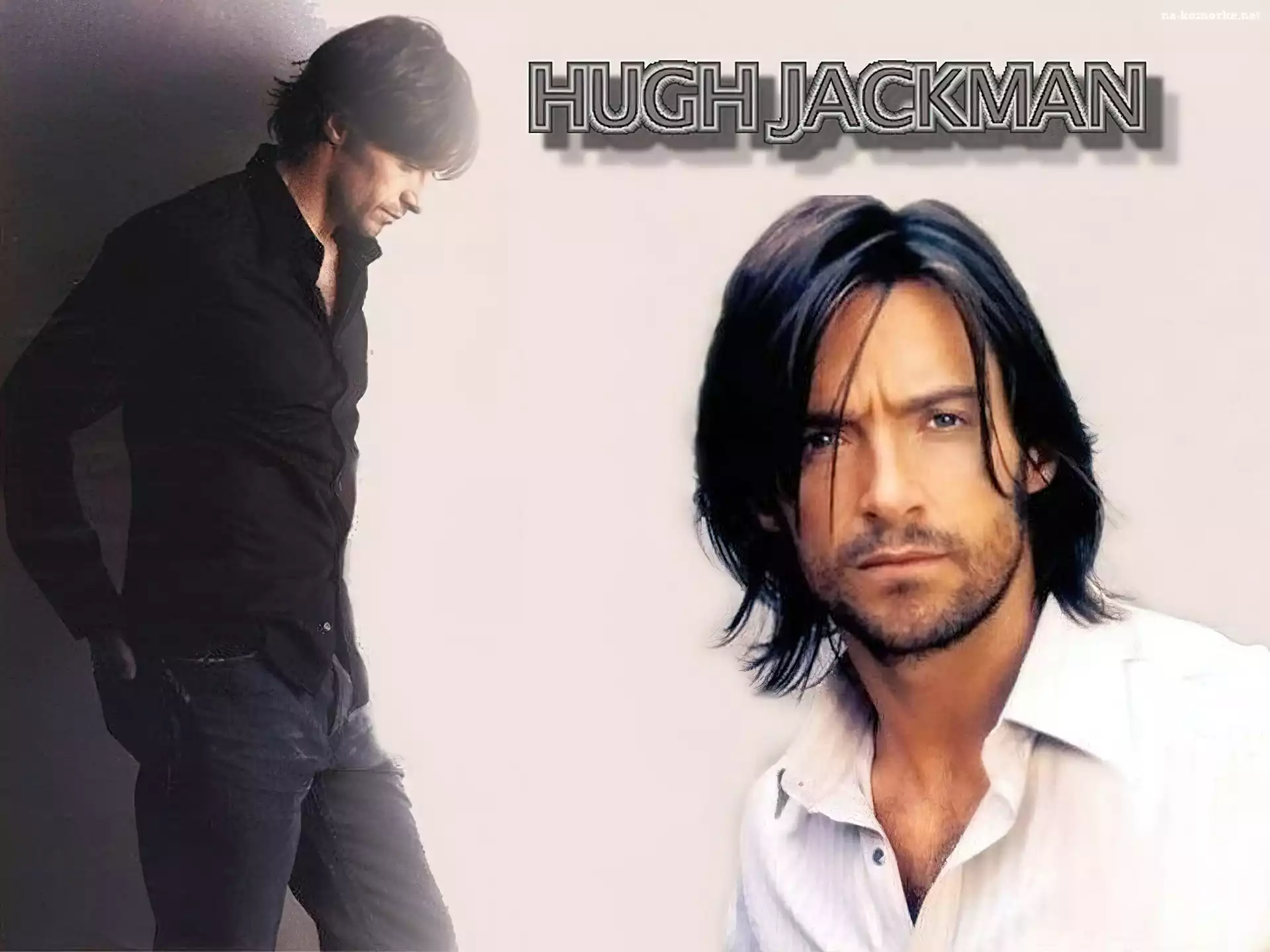 Hugh Jackman, biała koszula, długie włosy