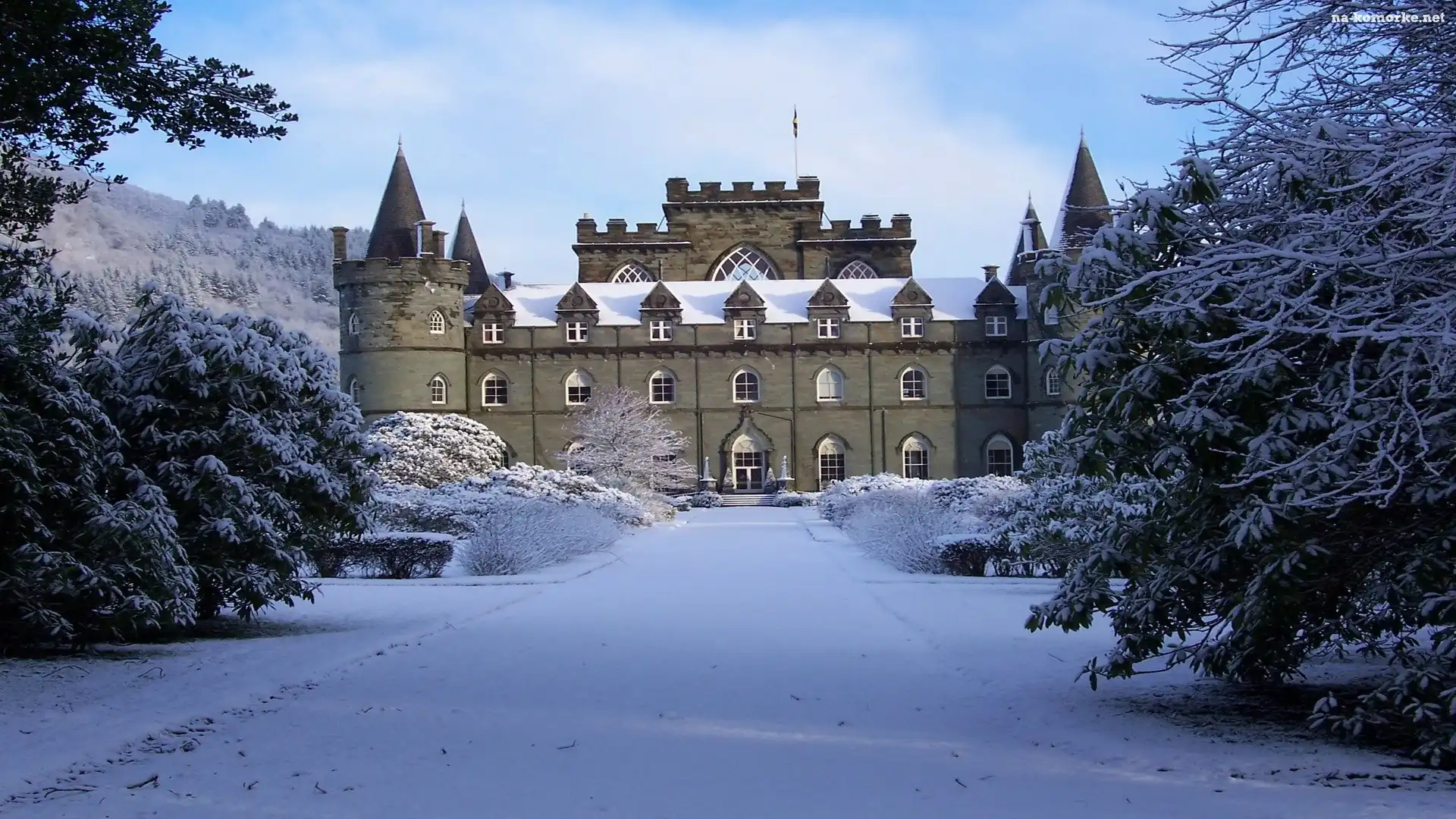 Zima, Inveraray Castle, Zamek Inveraray, Aleja, Szkocja, Drzewa