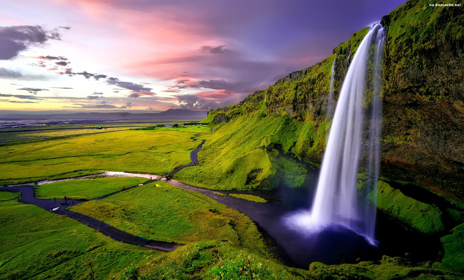 Roślinność, Islandia, Wodospad Seljalandsfoss, Klif, Zachód słońca