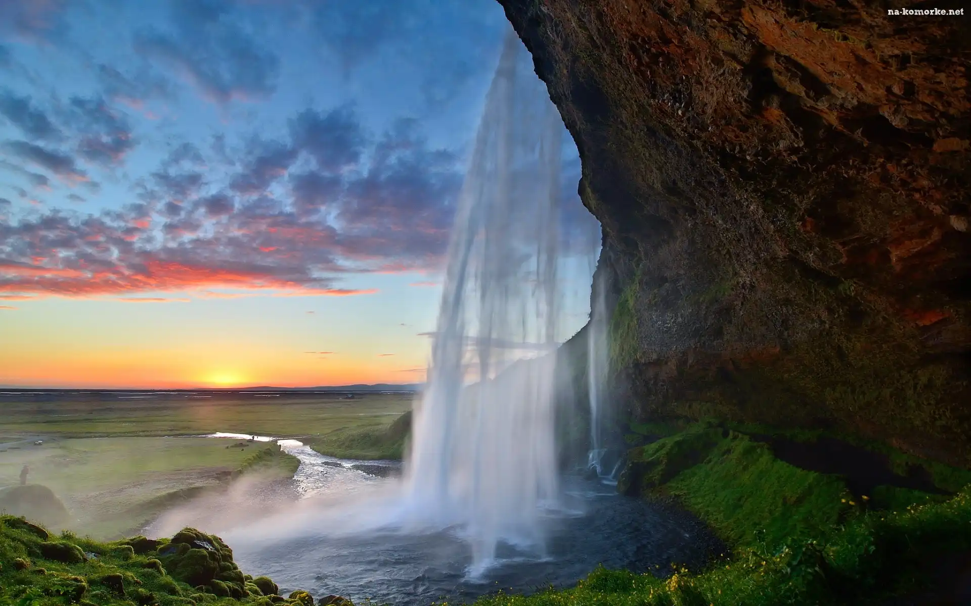 Islandia, Słońca, Wodospad, Zachód