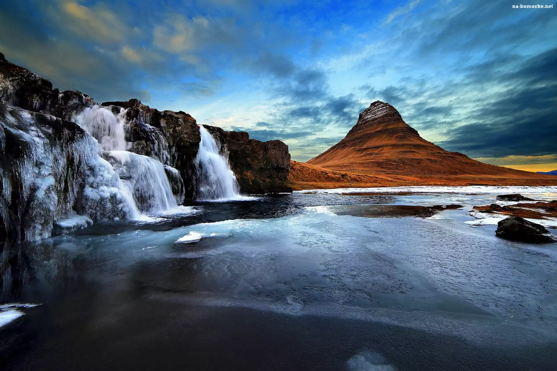 Islandia, Zima, Góra, Zamarzające, Wodospady