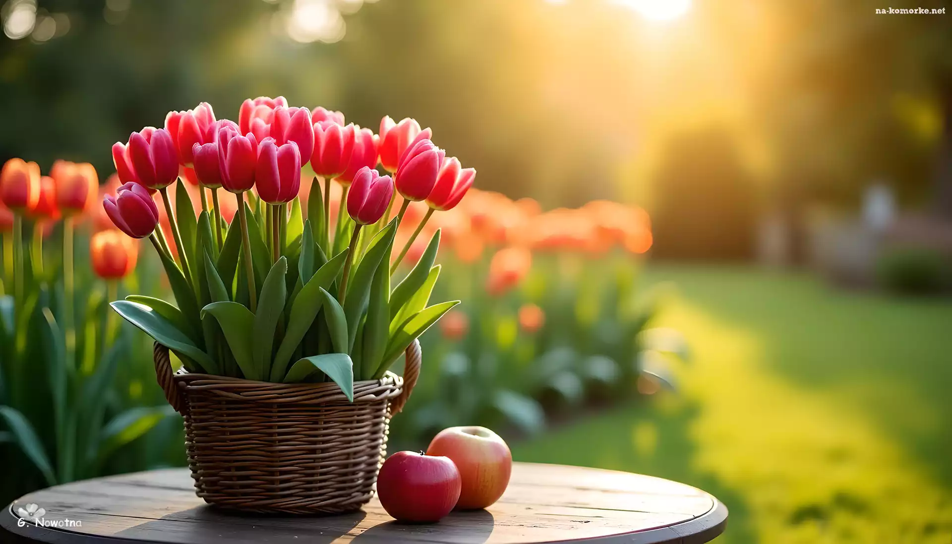 Tulipany, Jabłka, Stolik, Koszyk, Grafika