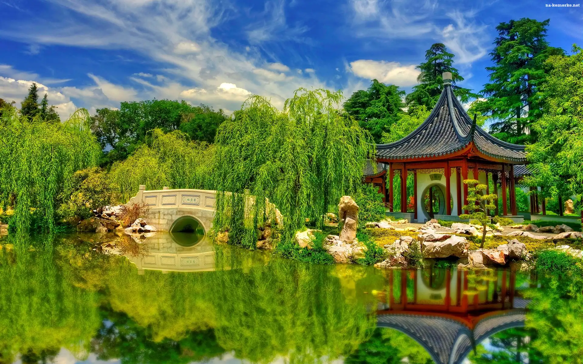 San Marino, Stany Zjednoczone, Stan Kalifornia, Wierzby płaczące, Garden of Flowing Fragrance, Drzewa, Ogród chiński, Odbicie, Kamienie, Hrabstwo Los Angeles, Altana, Staw, Kamienny mostek