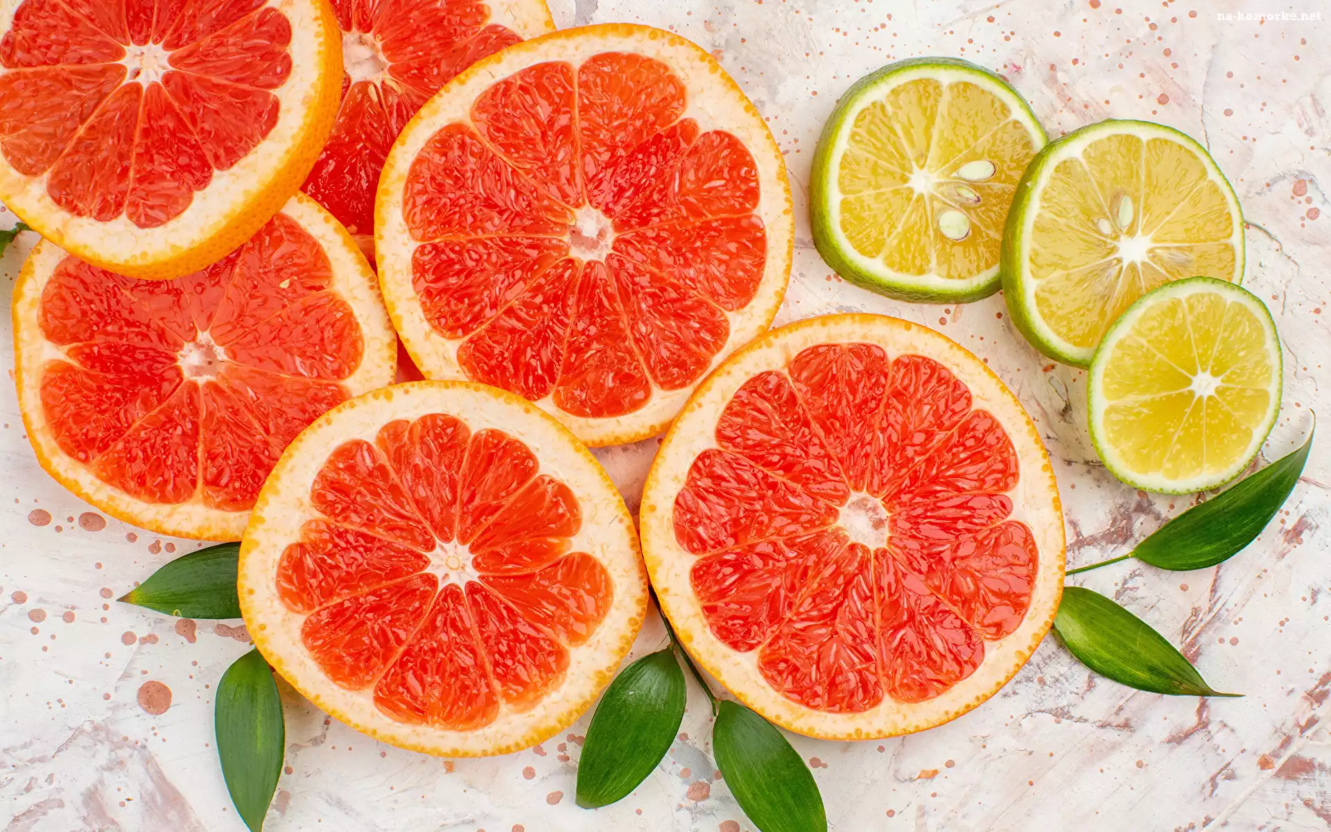 Liście, Owoce, Plastry, Jasne tło, Limonka, Grejpfrut