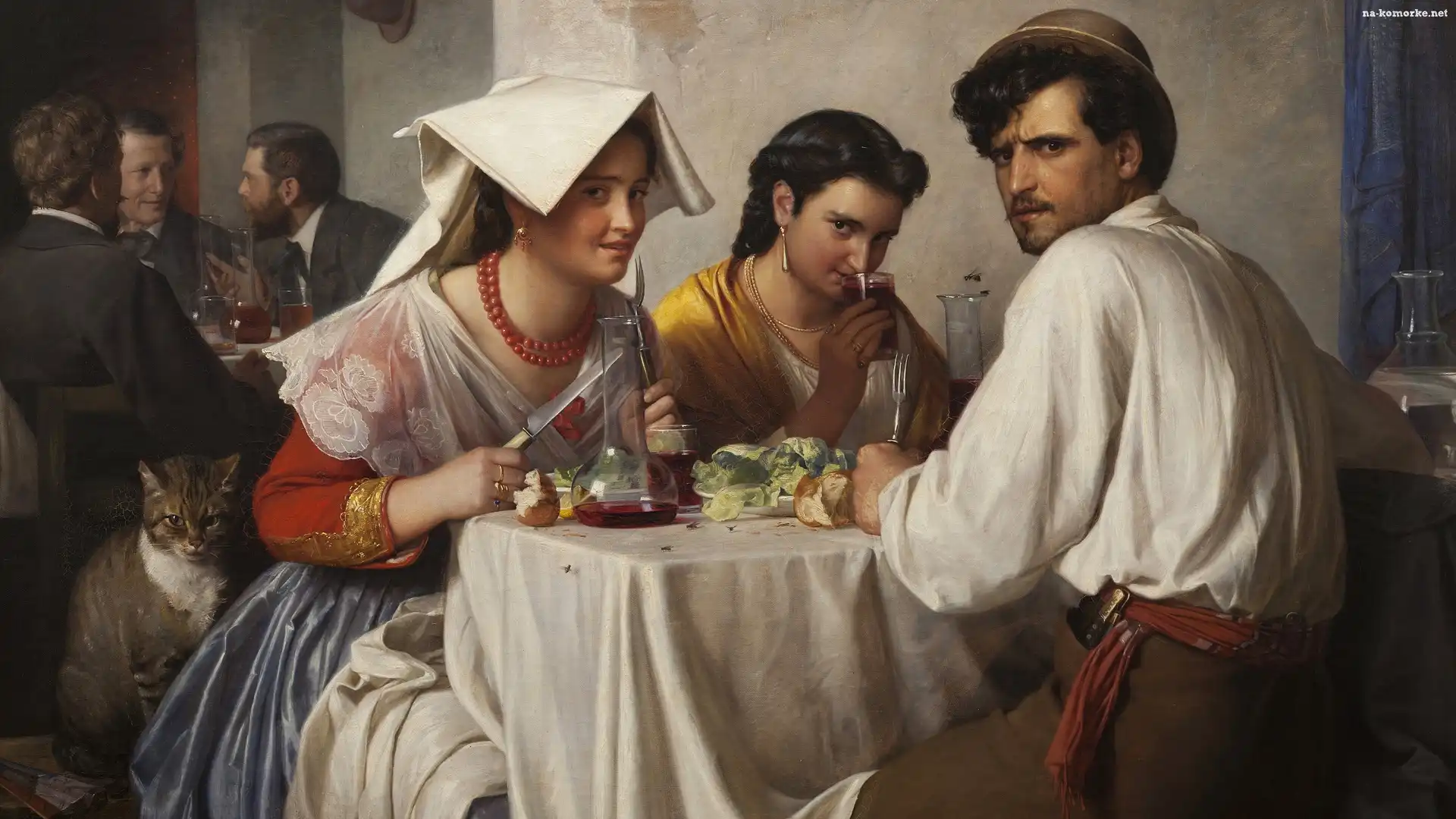 Malarstwo, Restauracja, Jedzenie, Carl Bloch, Stolik, Kot, Obraz, Dwie, Kobiety, Mężczyźni