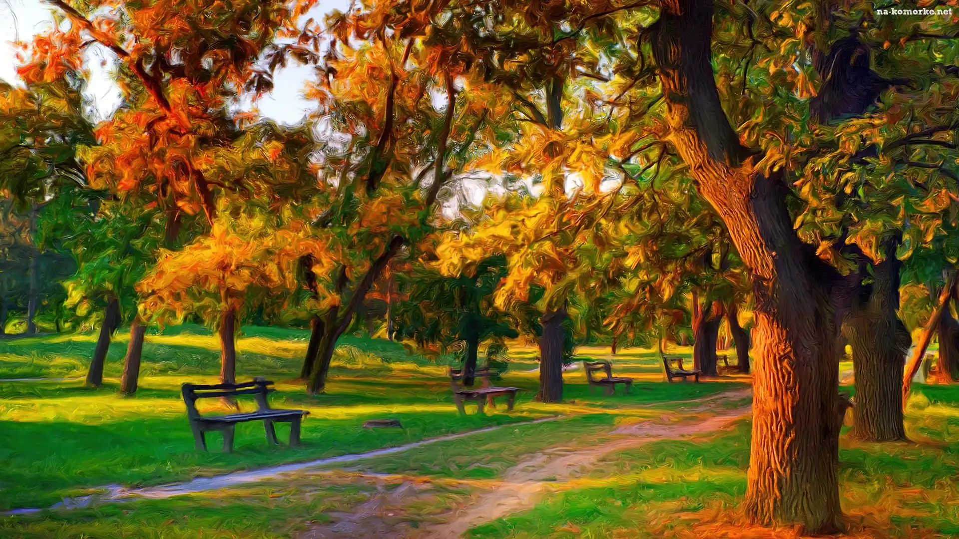 Jesień, Park, Drzewa, Ławka