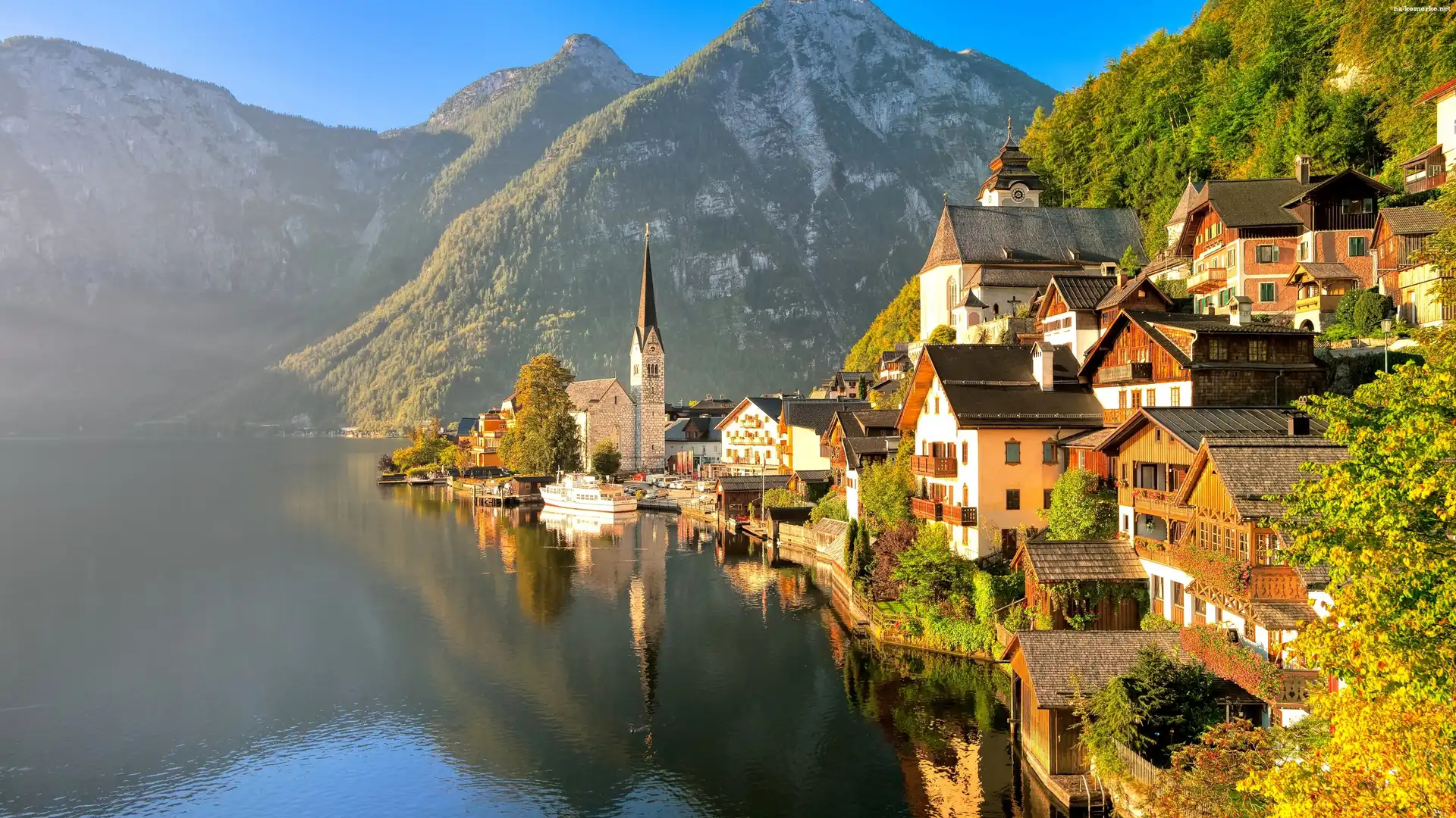 Jesień, Jezioro, Góry, Hallstatt, Austria