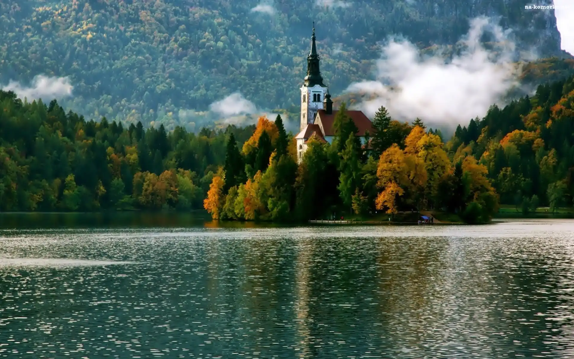 Jezioro, Jesień, Słowenia, Bled, Las, Mgła, Kościół