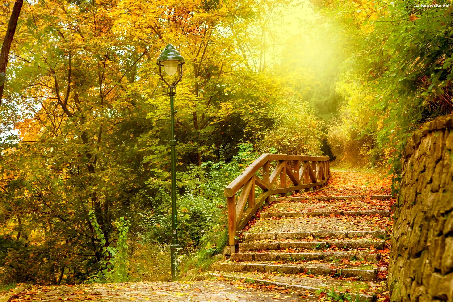 Jesień, Schody, Park, Lampa