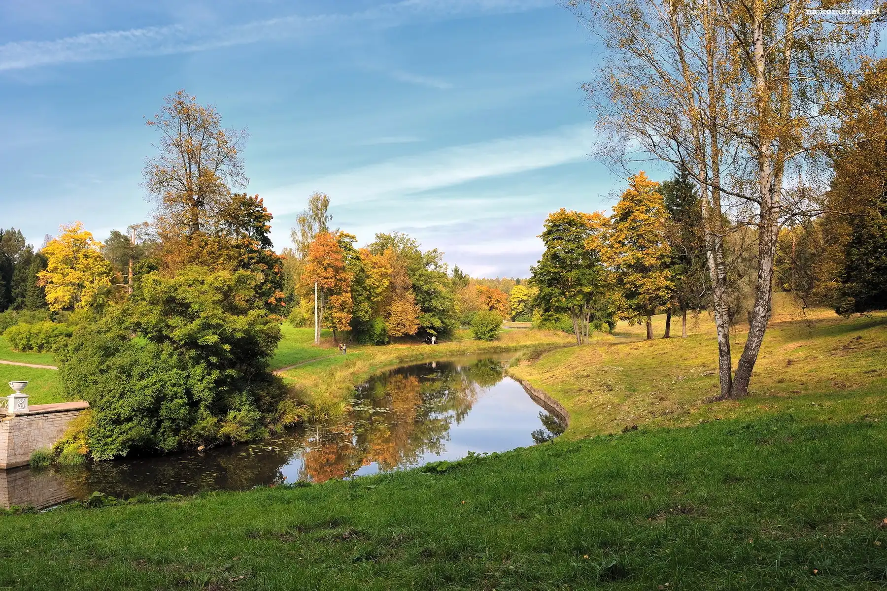 Jesień, Park, Drzewa, Rzeczka, Alejka