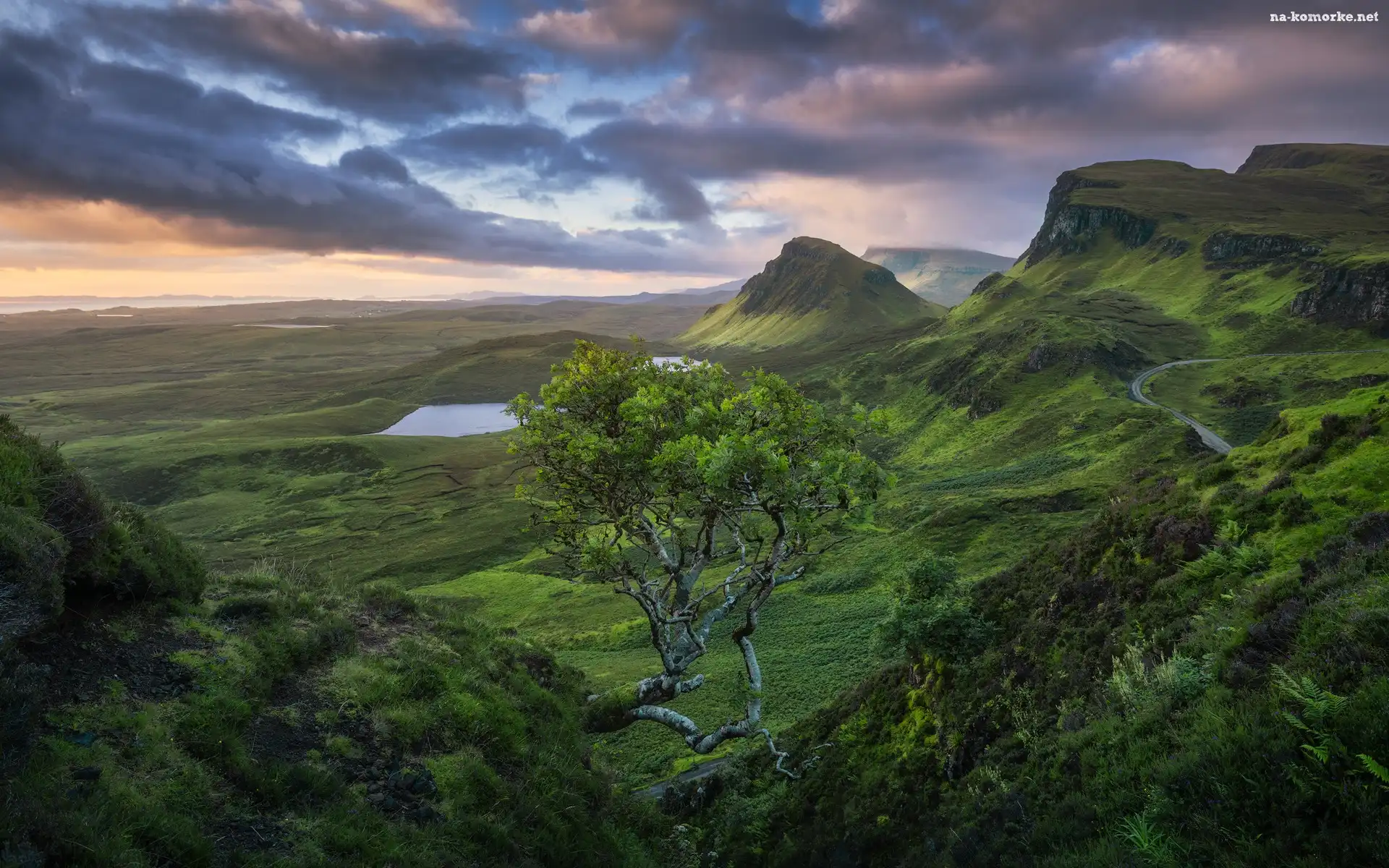 Jeziora, Wzgórze Quiraing, Chmury, Góry, Wyspa Skye, Szkocja, Drzewo, Wzgórza