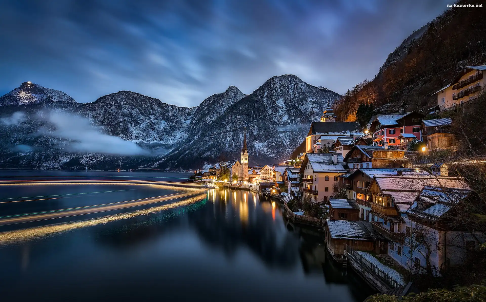Jezioro, Alpy, Miasteczko Hallsatt, Austria, Góry