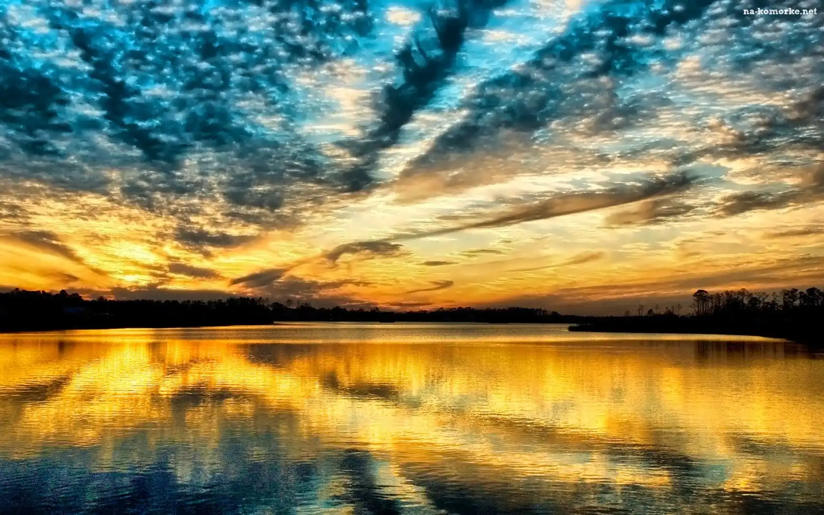 Jezioro, Zachód, Słońca, Chmury, Niebo