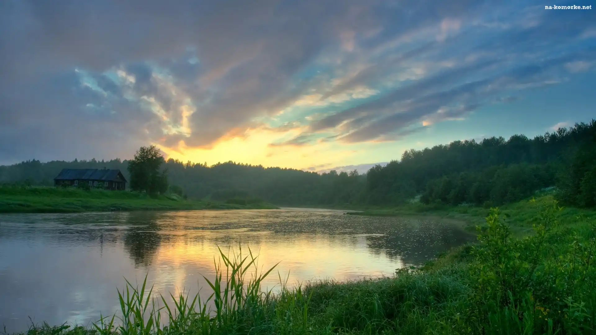 Jezioro, Słońce, Zachód, Trawa, Chmury, Las