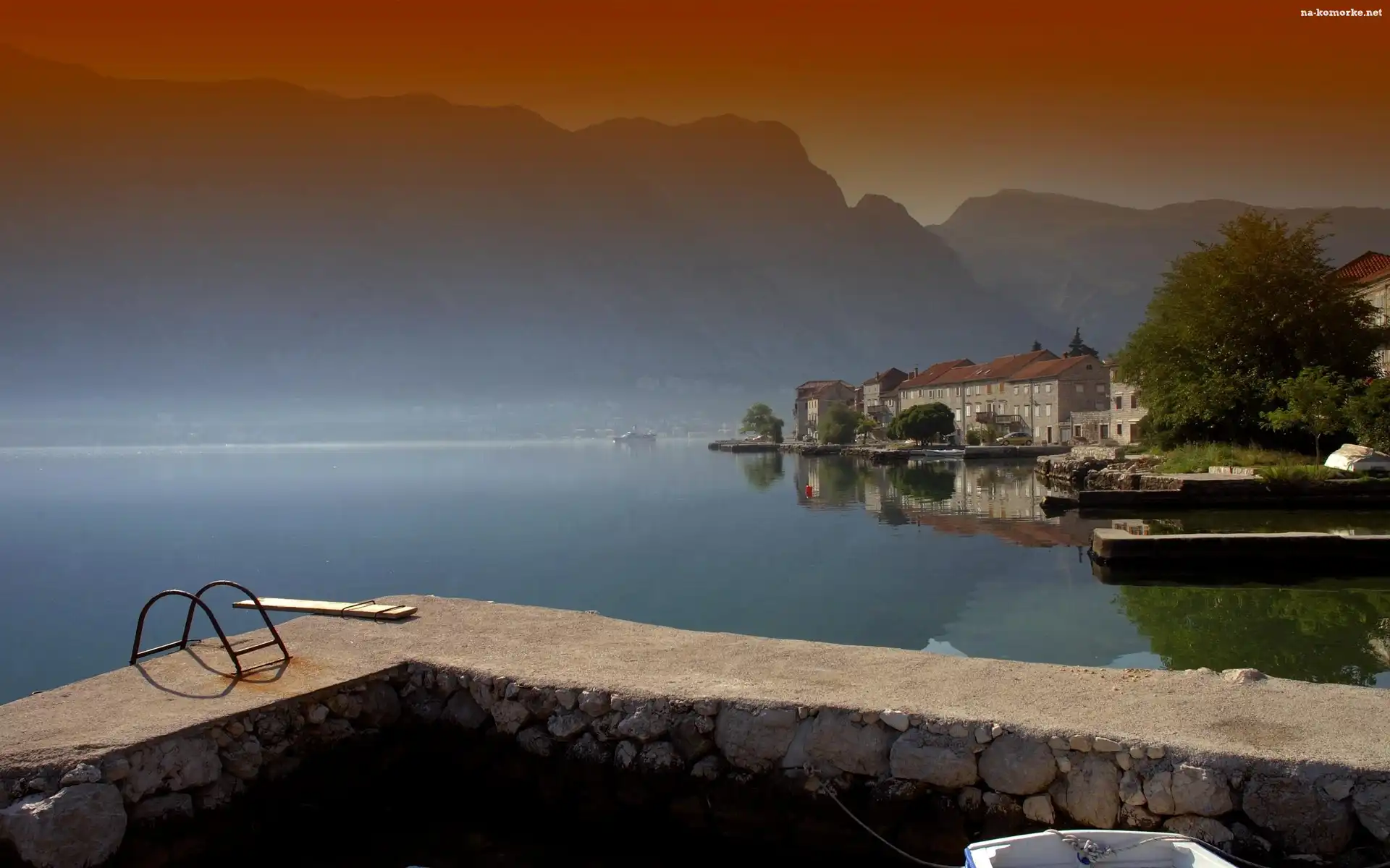 Jezioro, Czarnogóra, Kotor, Domy, Góry