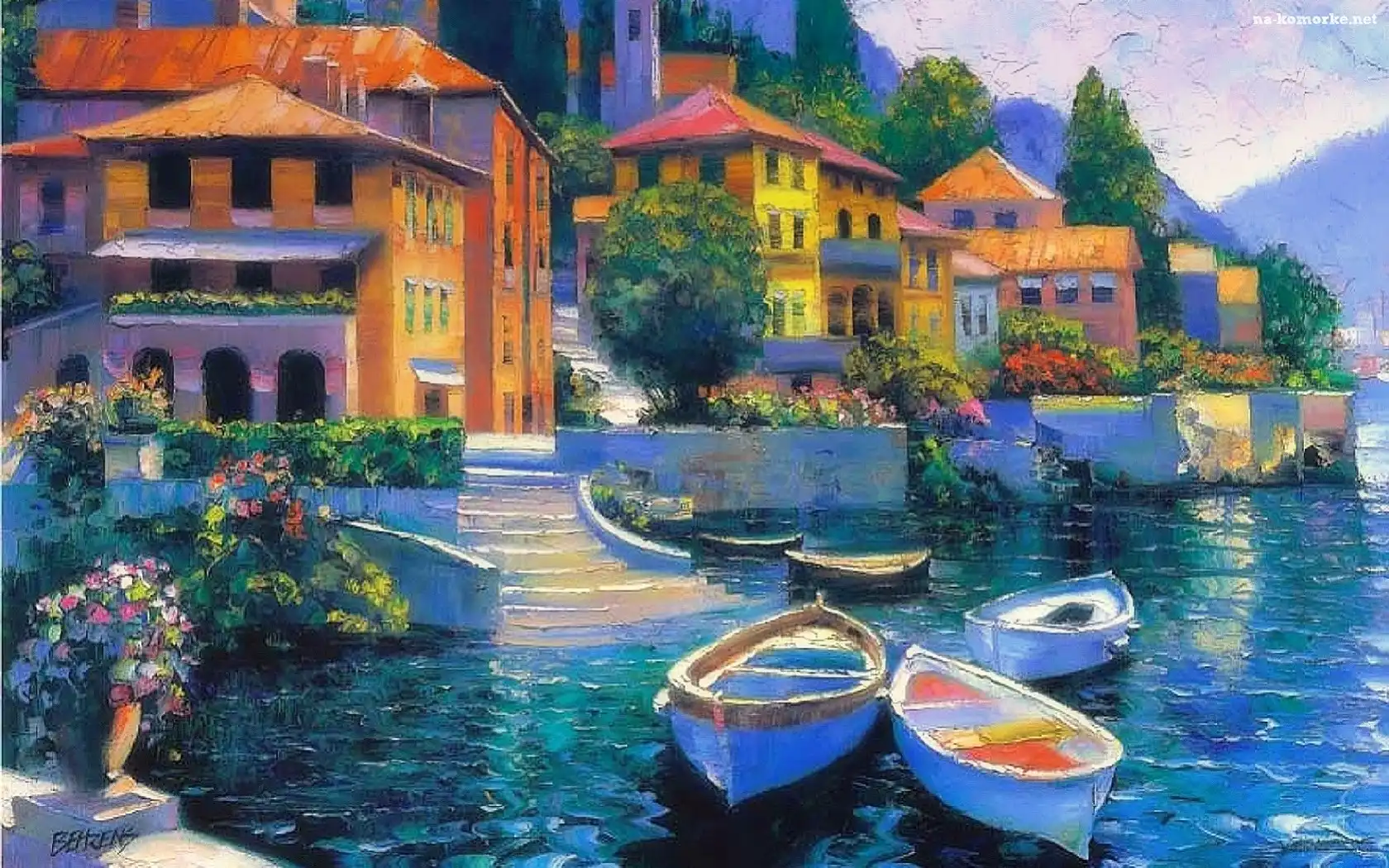 Malarstwo, Jezioro, Łódki, Obraz, Domy, Domki, Schody