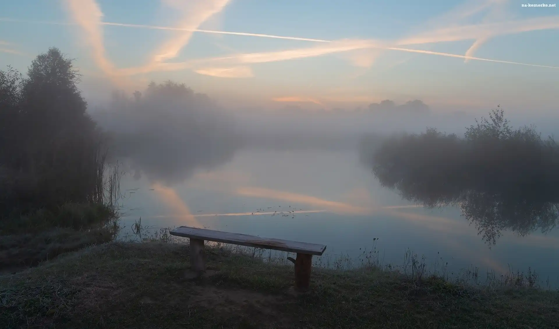 Jezioro, Ławka, Mgła, Drzewa