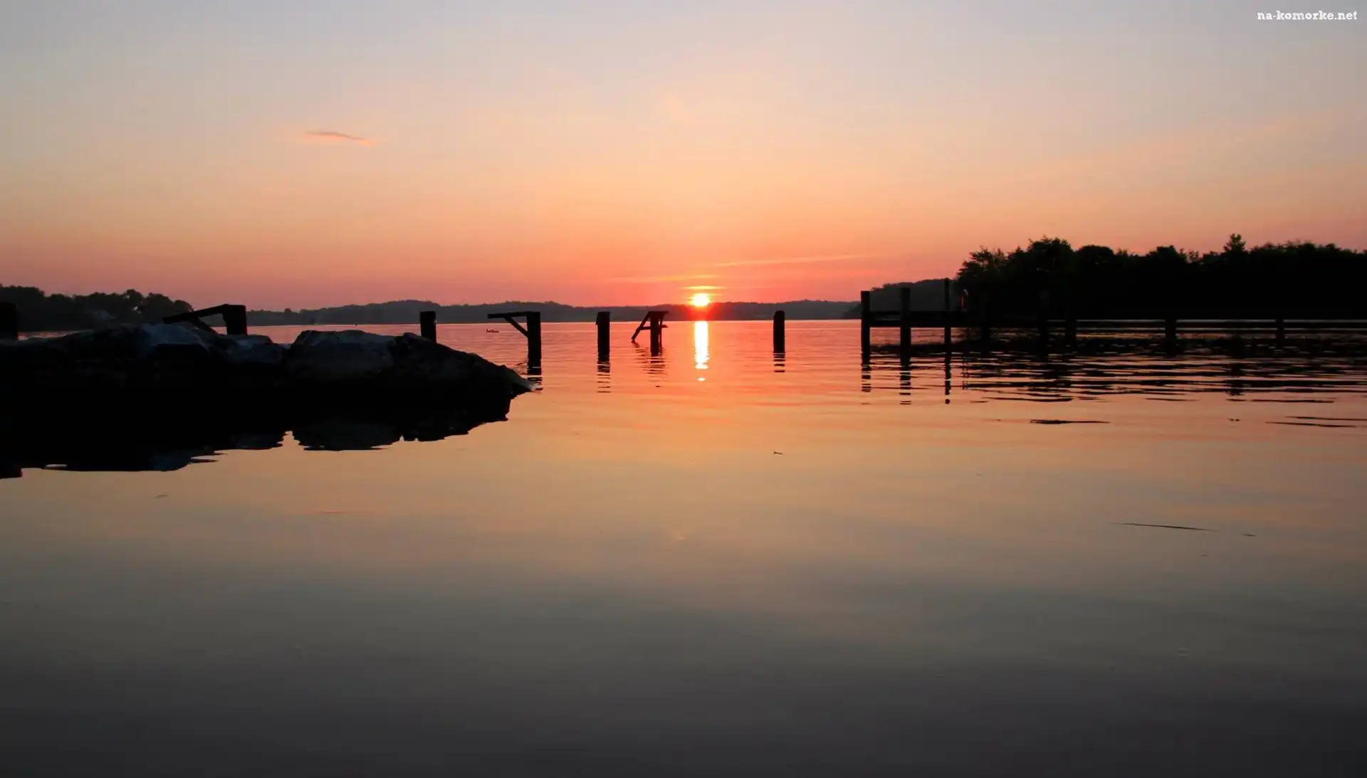 Jezioro, Słońca, Molo, Zachód