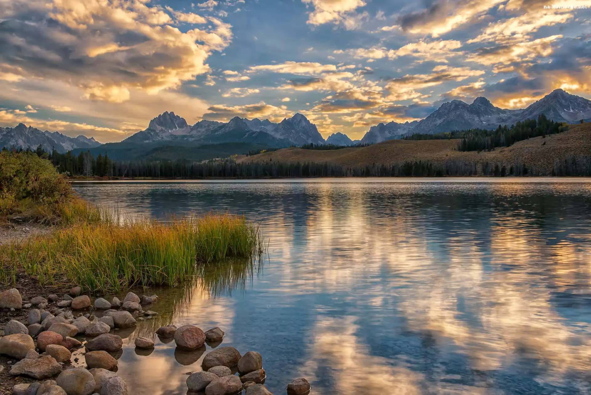 Niebo, Kamienie, Szuwary, Drzewa, Odbicie, Little Redfish Lake, Jezioro, Góry, Idaho, Stany Zjednoczone, Obłoki