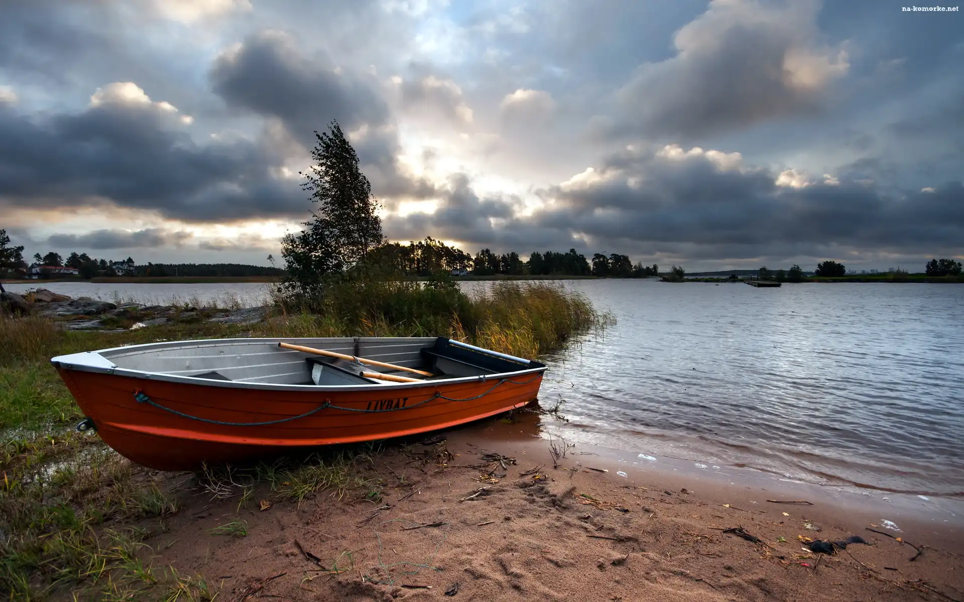 Jezioro, Trawy, Łódz, Drzewa