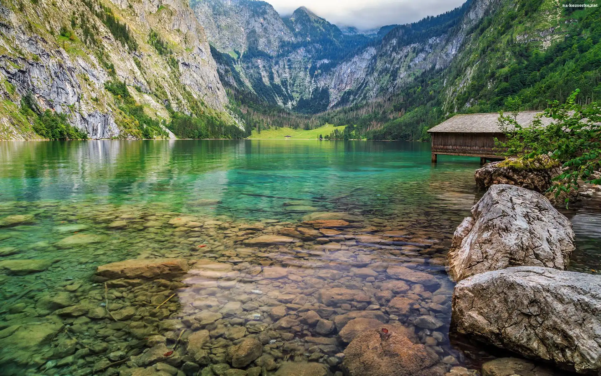 Park Narodowy Berchtesgaden, Niemcy, Góry, Jezioro Obersee, Domek, Bawaria, Drewniany, Kamienie, Alpy