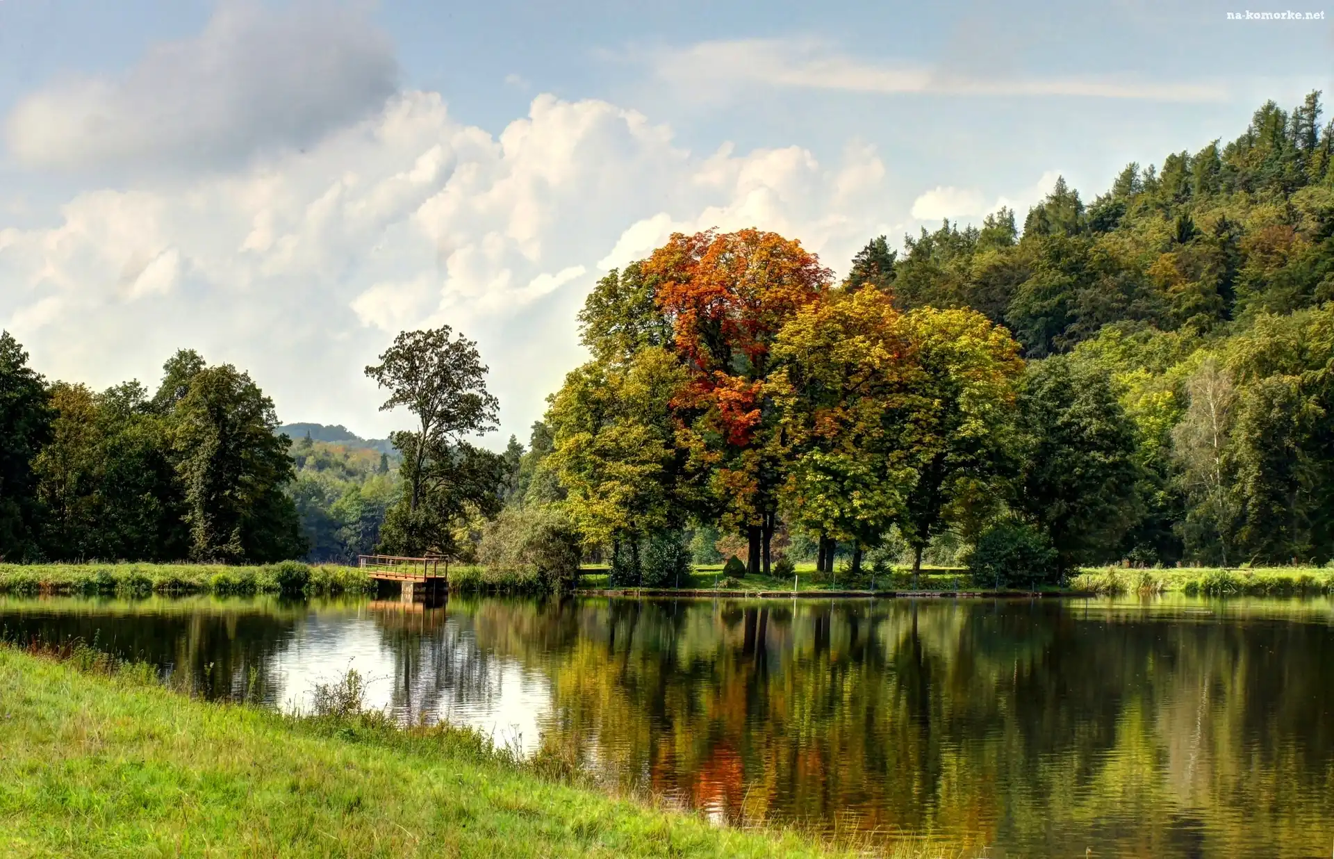 Jezioro, Jesień, Pomost, Lasy