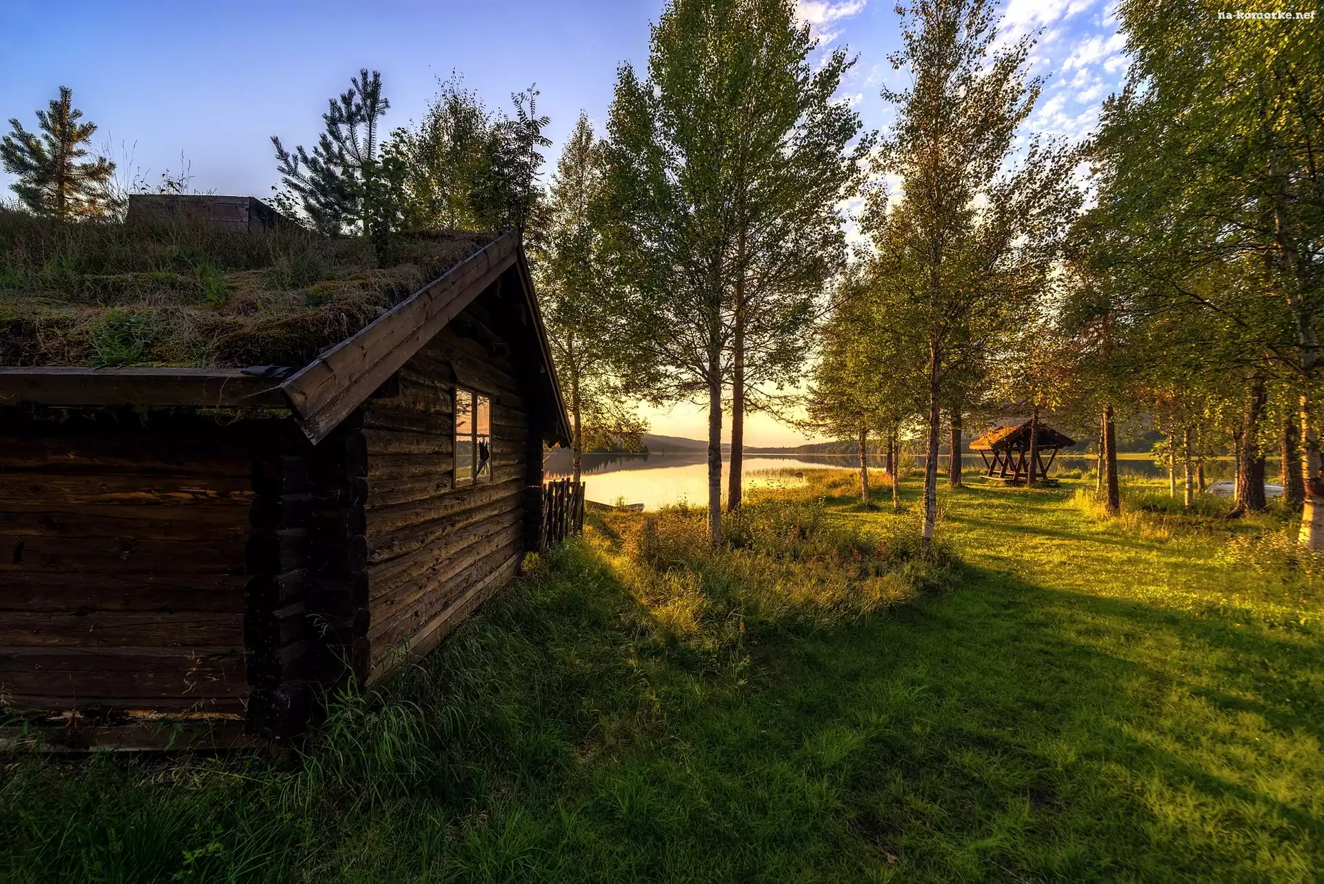 Norwegia, Poranek, Przebijające Światło, Vestby, Hedmark Fylke, Chata, Jezioro
