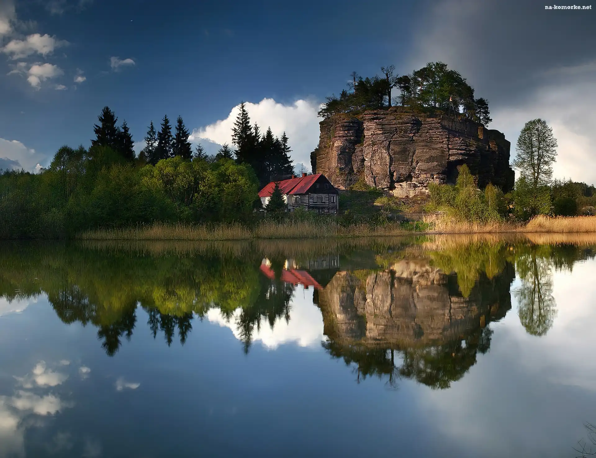 Jezioro, Dom, Skała, Las