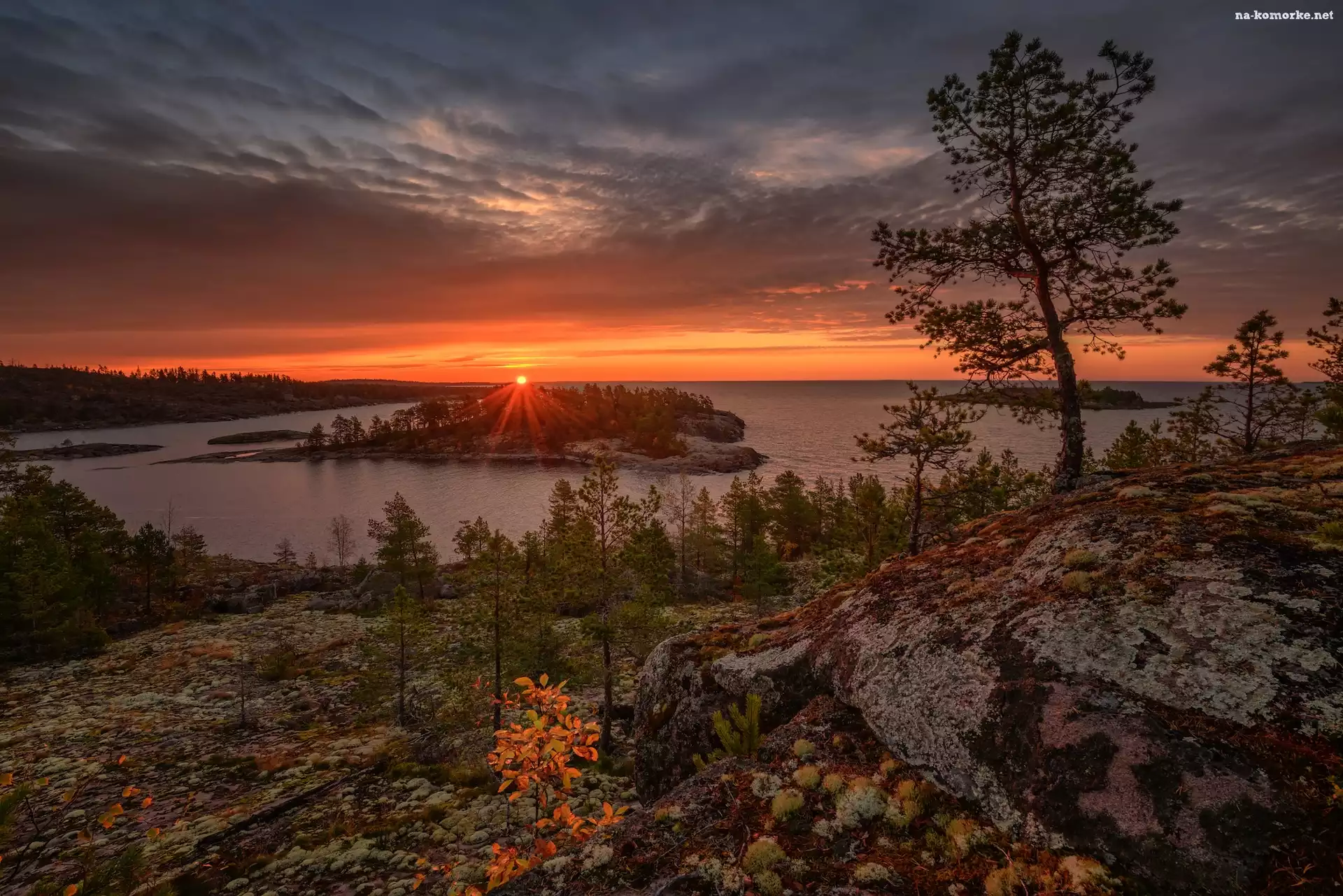Jezioro, Niebo, Skały, Rosja, Drzewa, Zachód słońca, Ładoga, Karelia