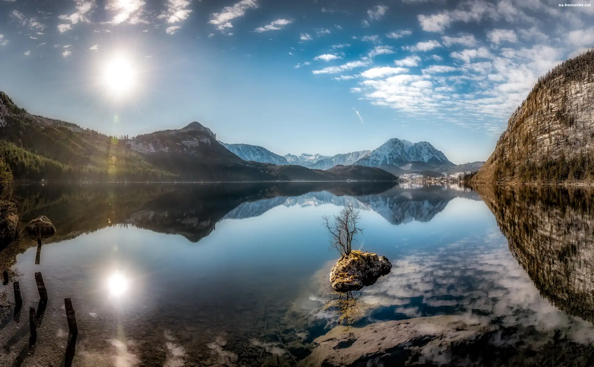 Austria, Jezioro Altausseer See, Promienie słońca, Góry, Styria