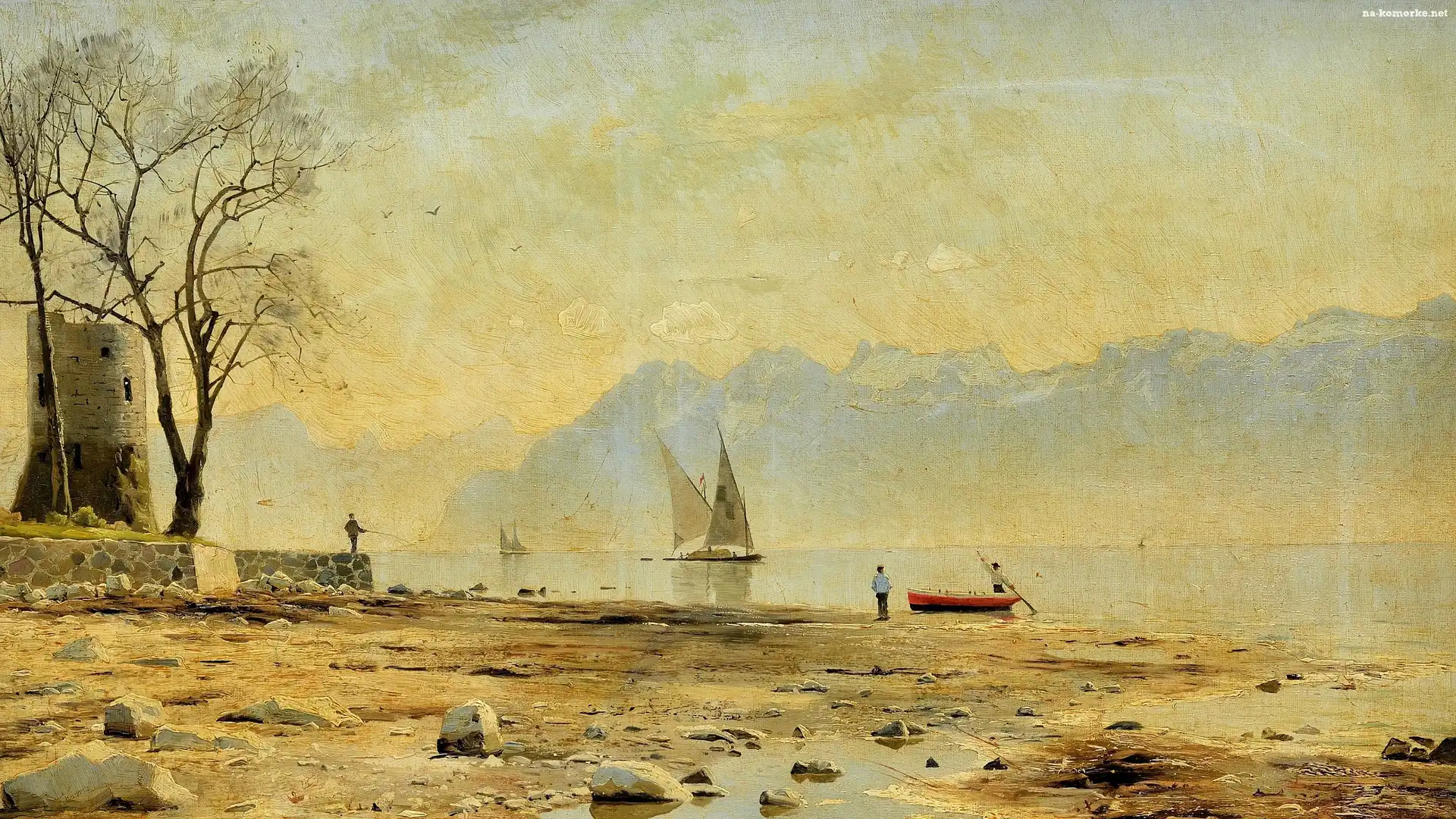 Peder Monsted, Malarstwo, Góry, Wędkarz, Kamienie, Obraz, Brzeg, Żaglówki, Jezioro
