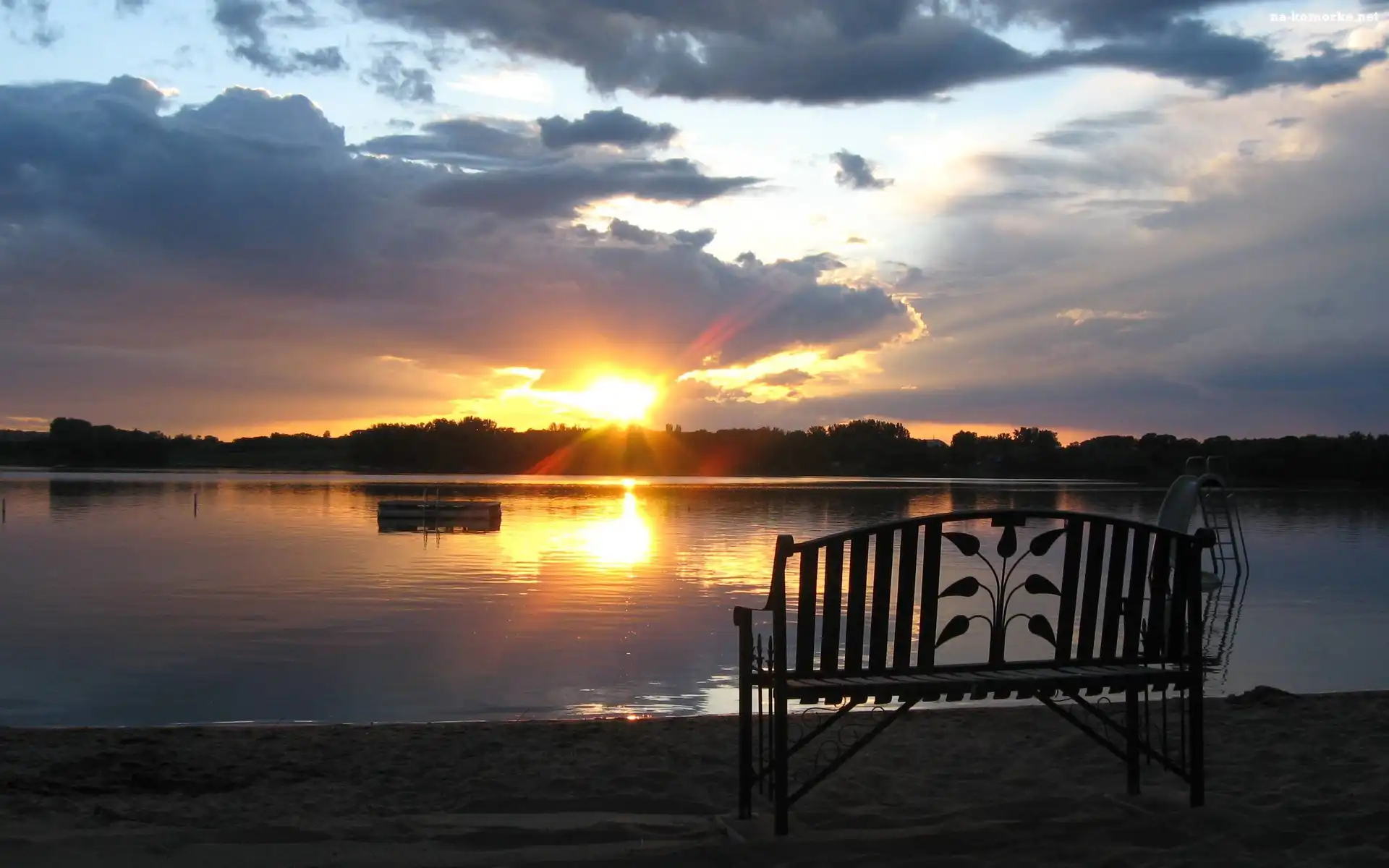 Jezioro, Ławka, Zachód, Słońca